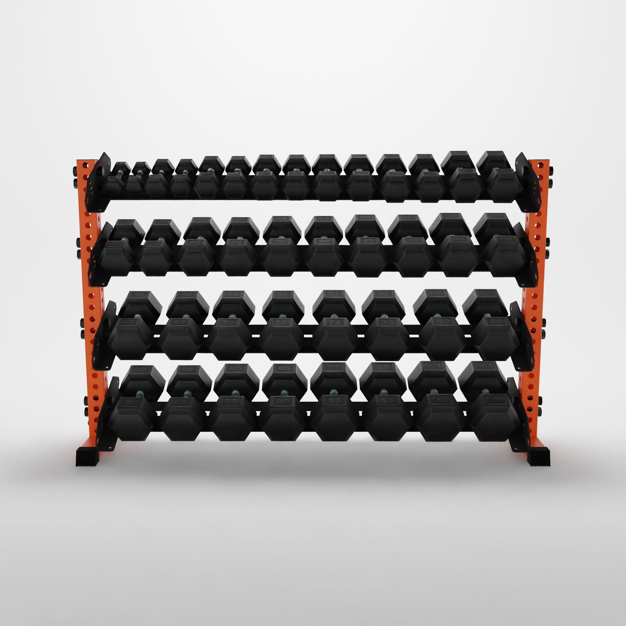 orange 70-inch alpha 4-tier horizontal dumbbell rack storing hex dumbbells