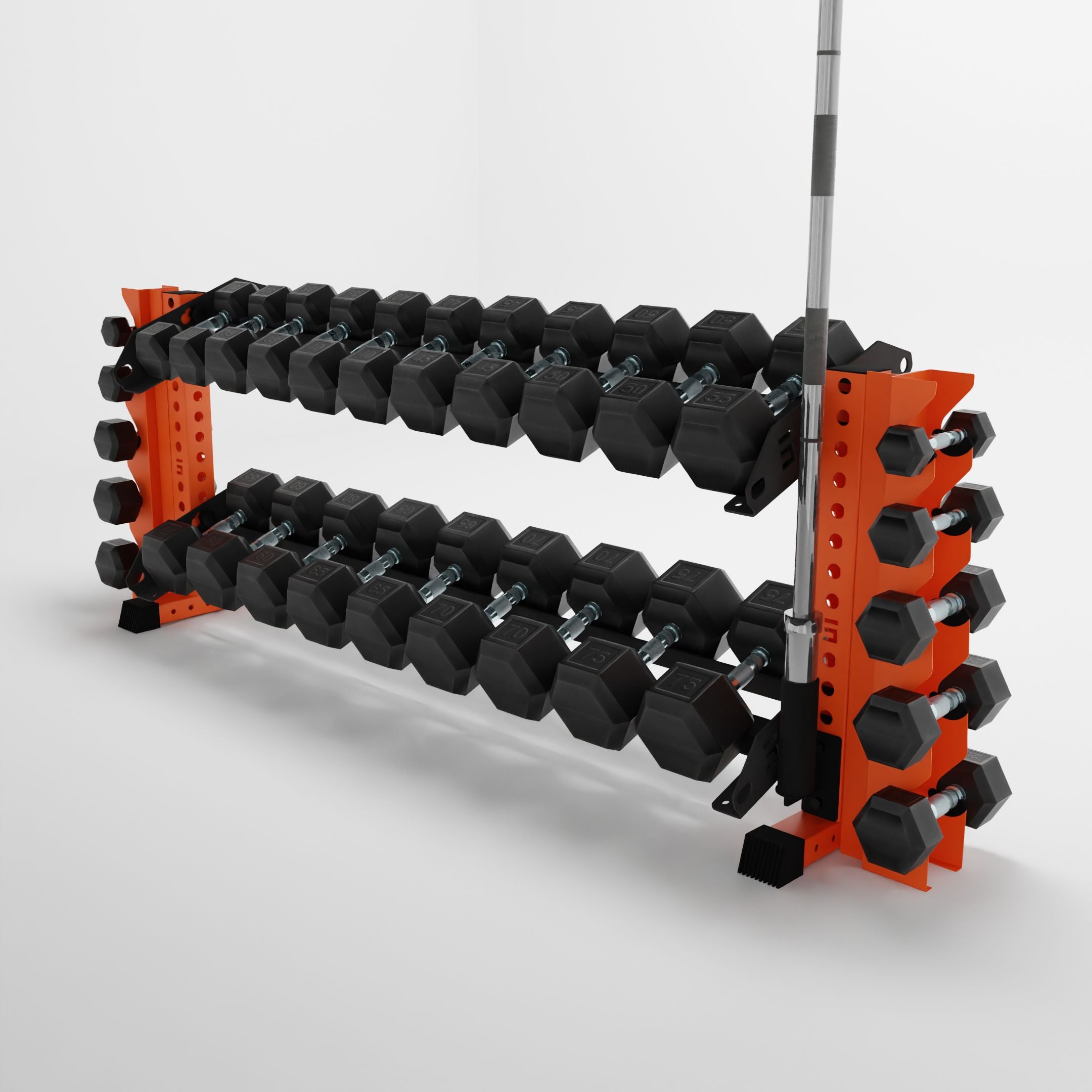 orange 70-inch bravo 2-tier horizontal dumbbell rack with vertical add-ons storing dumbbells and a barbell using a storage attachment accessory