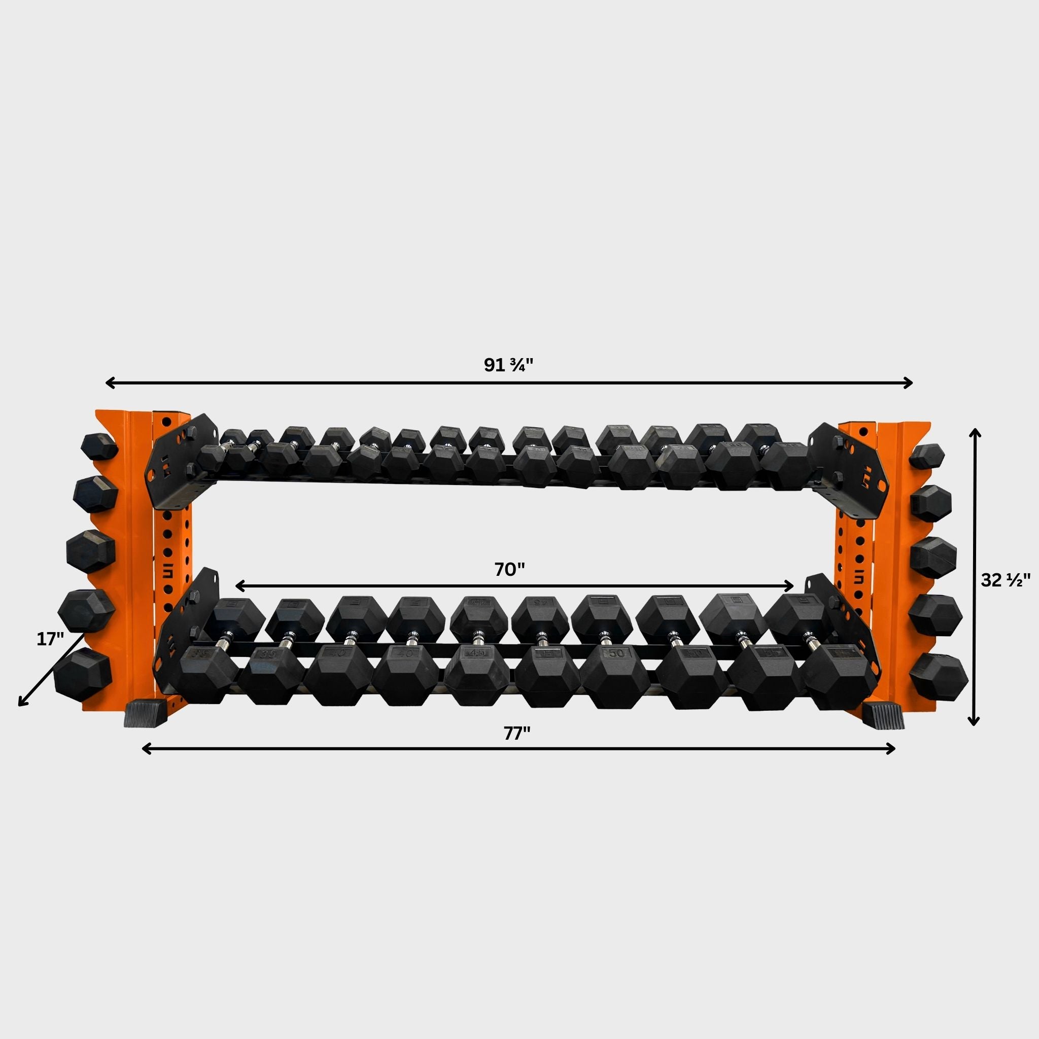 orange 70-inch bravo 2-tier horizontal dumbbell storage rack loaded with hex dumbbells and its product dimensions