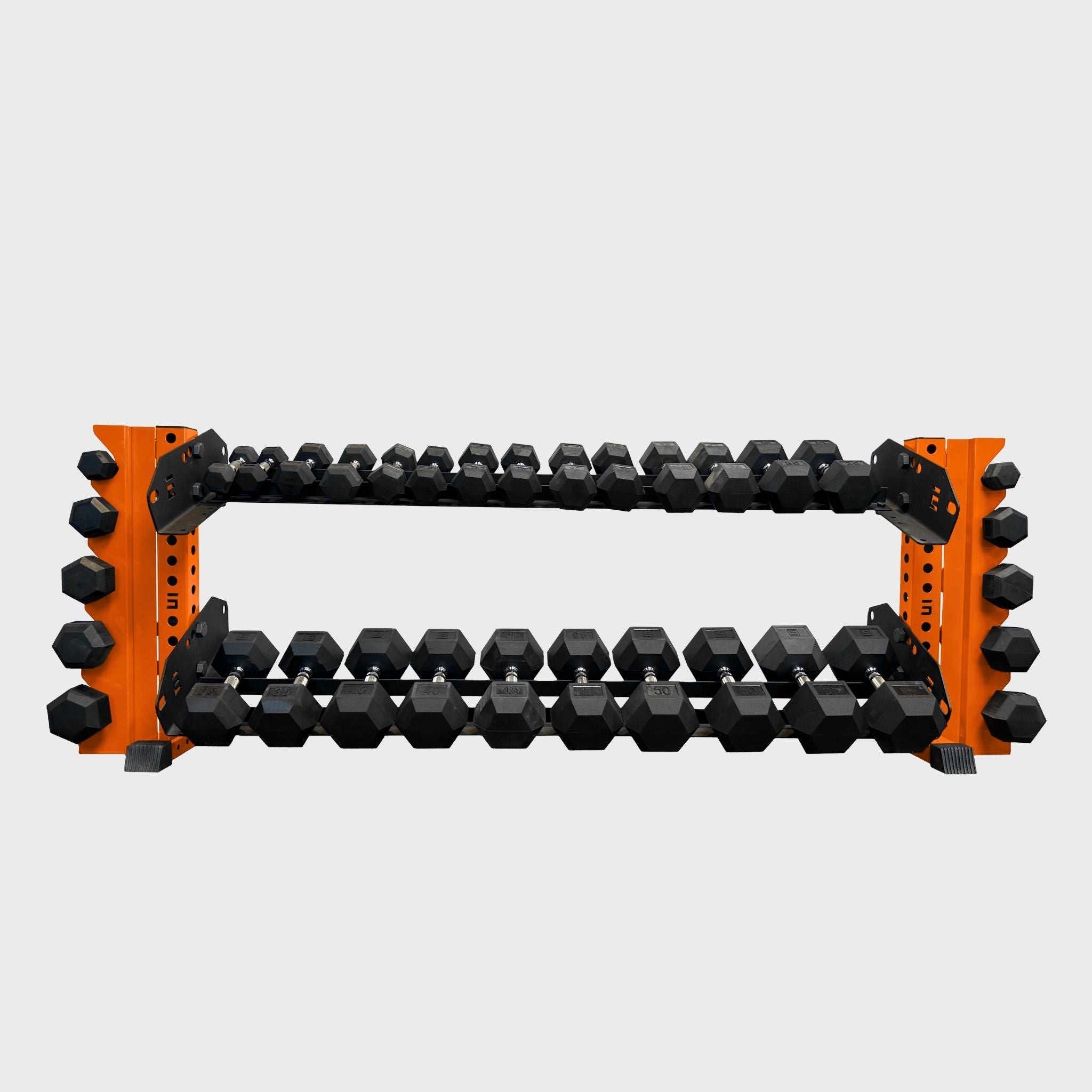 orange 70-inch bravo 2-tier horizontal dumbbell storage rack loaded with hex dumbbells