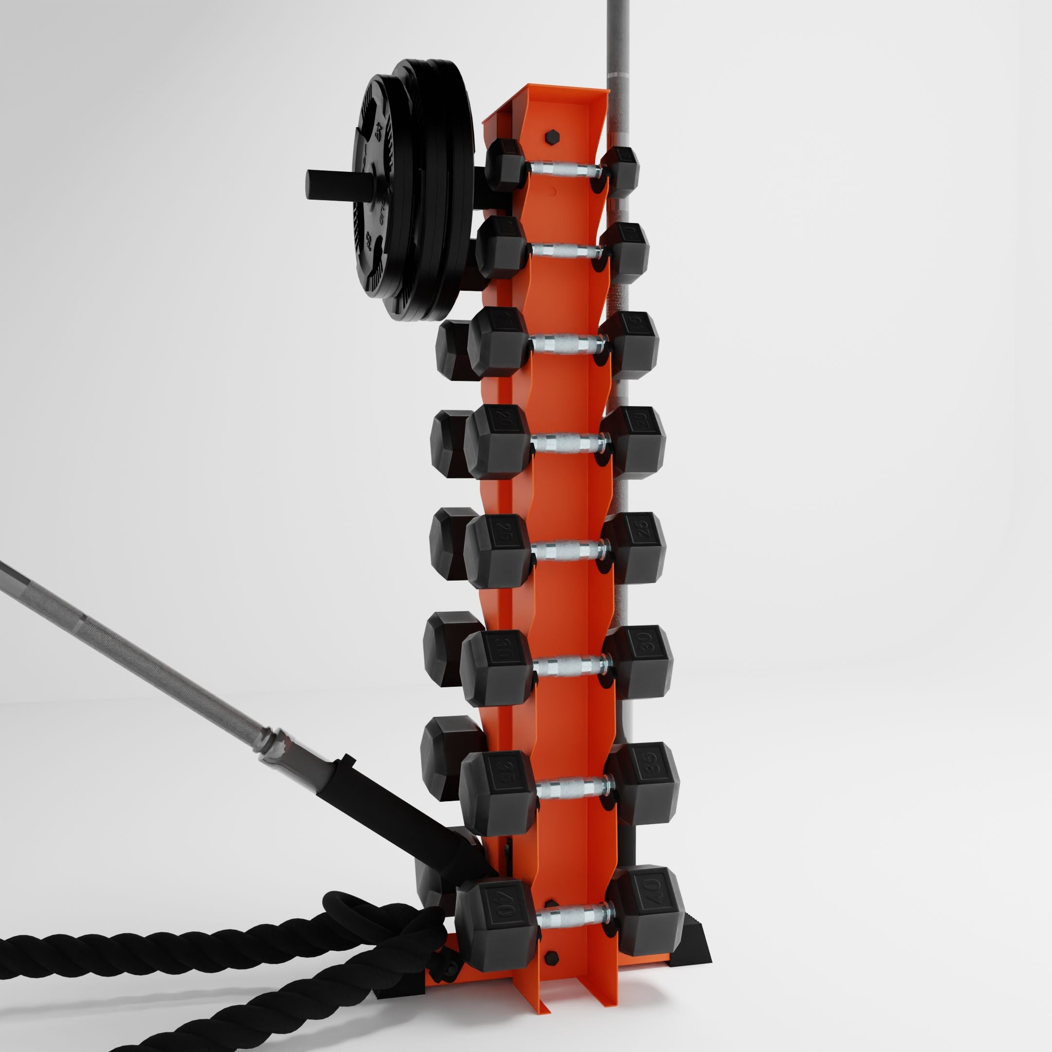 orange alpha 8-tier vertical dumbbell storage rack storing dumbbells, weight plates, barbells, and battle rope using storage attachment accessories