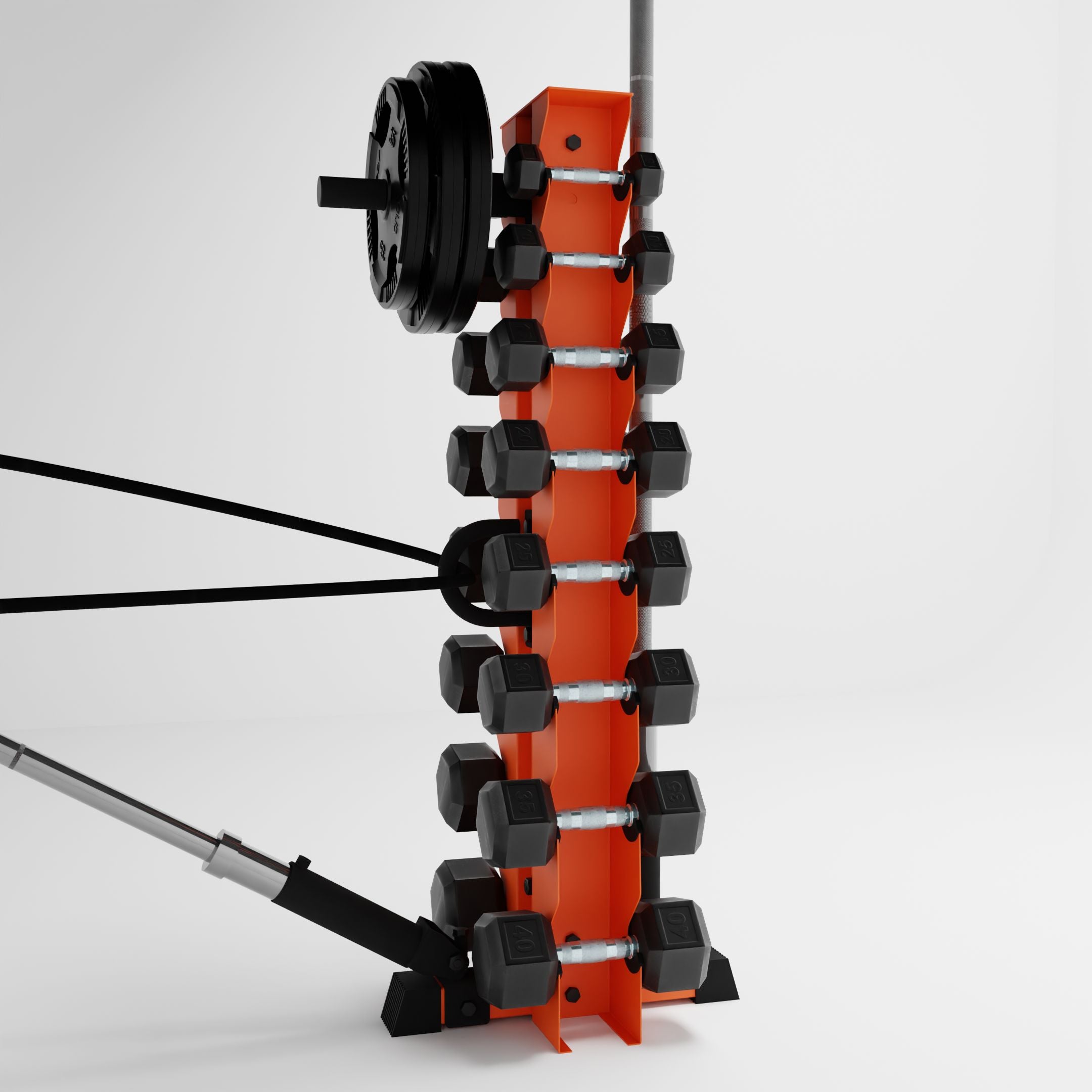 orange alpha 8-tier vertical dumbbell storage rack storing dumbbells, weight plates, barbells, and a resistance band using storage attachment accessories