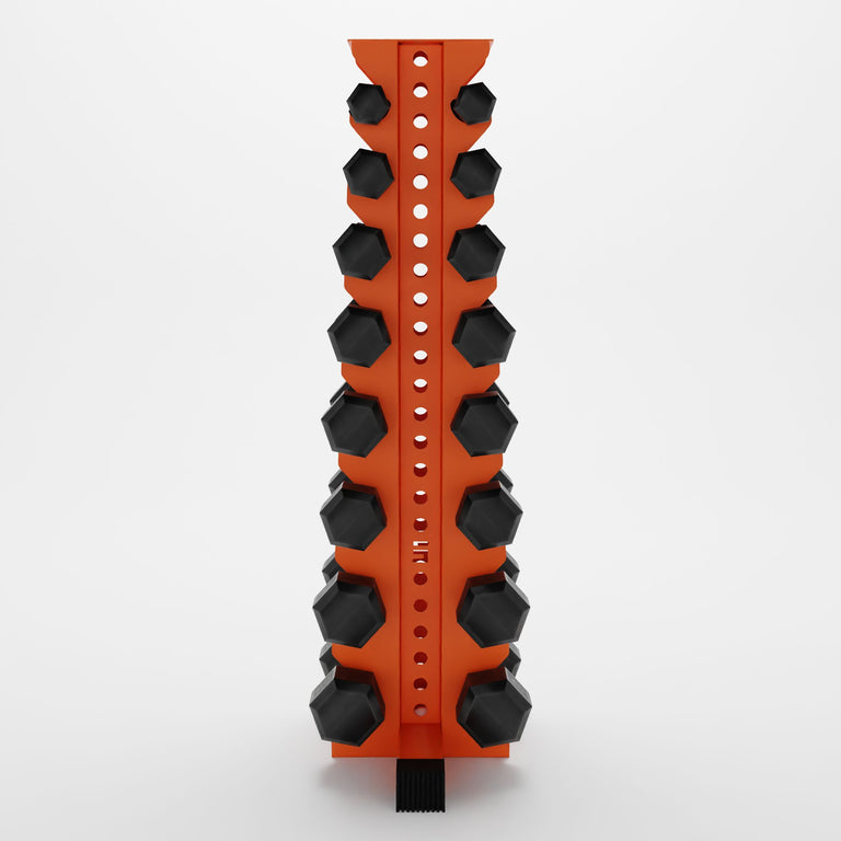 orange alpha 8-tier vertical dumbbell storage rack storing hex dumbbells