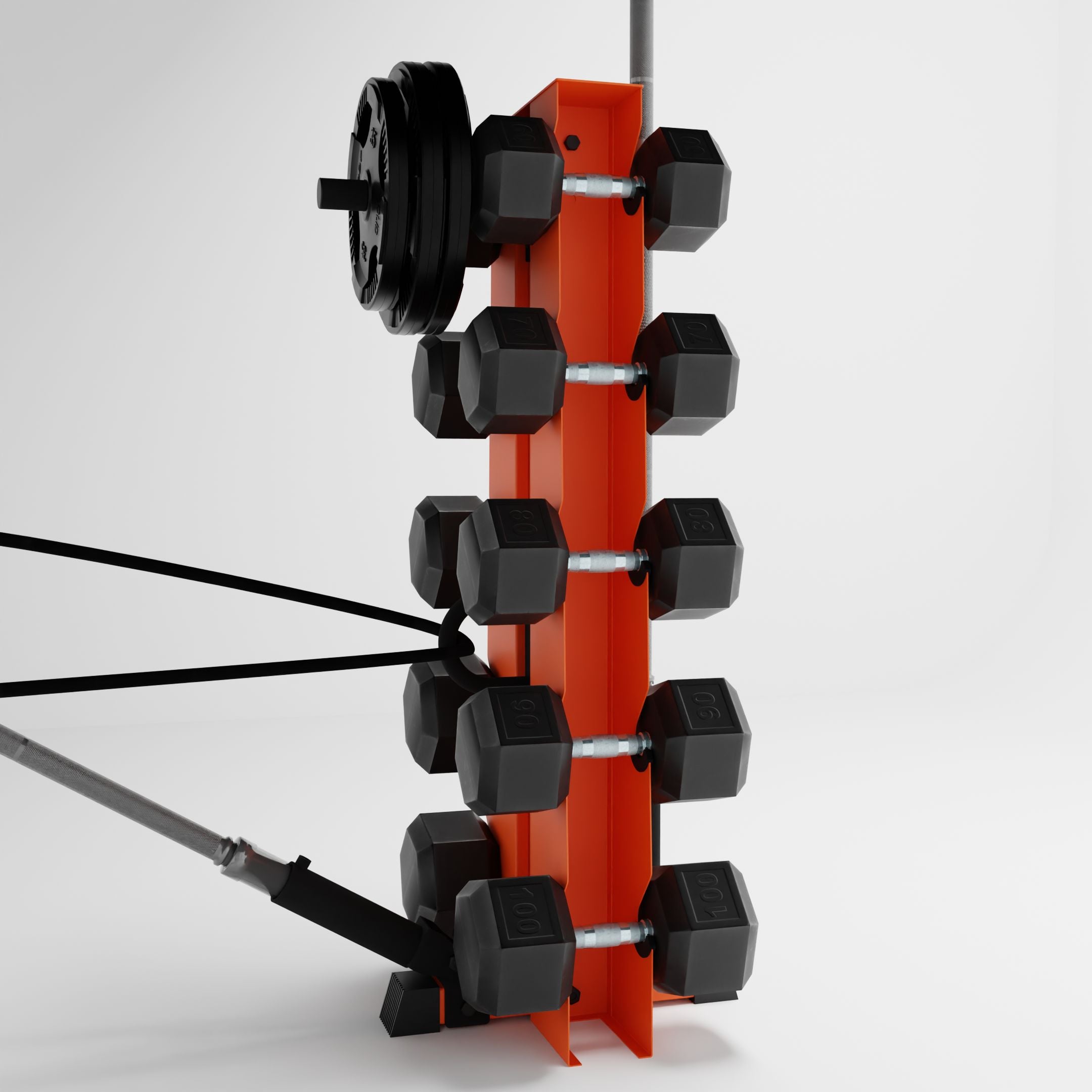 orange alpha elite vertical dumbbell storage rack with accessories holding dumbbells, weight plates, barbells, and a resistance band