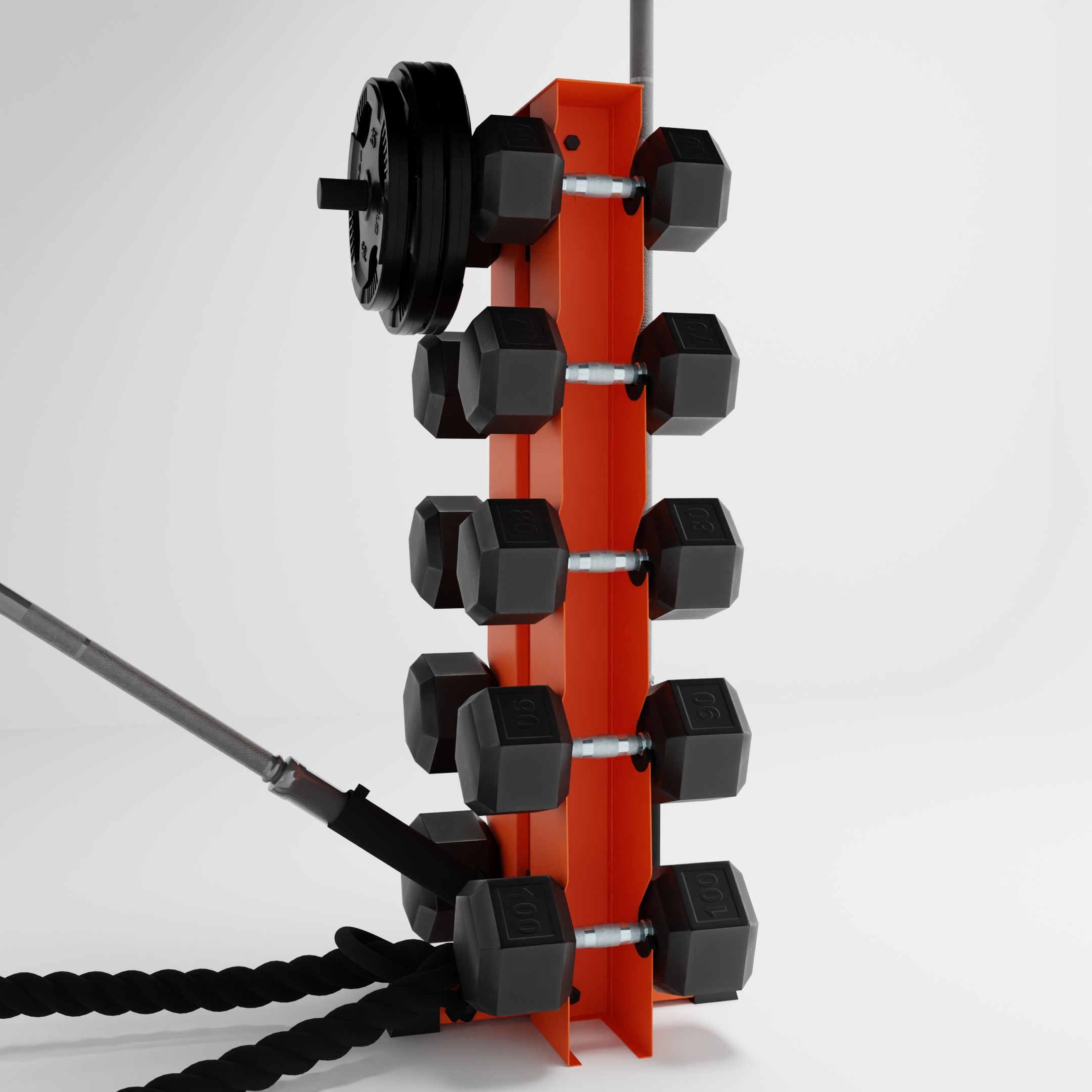 orange alpha elite vertical dumbbell storage rack with accessories holding dumbbells, weight plates, barbells, and a battle rope