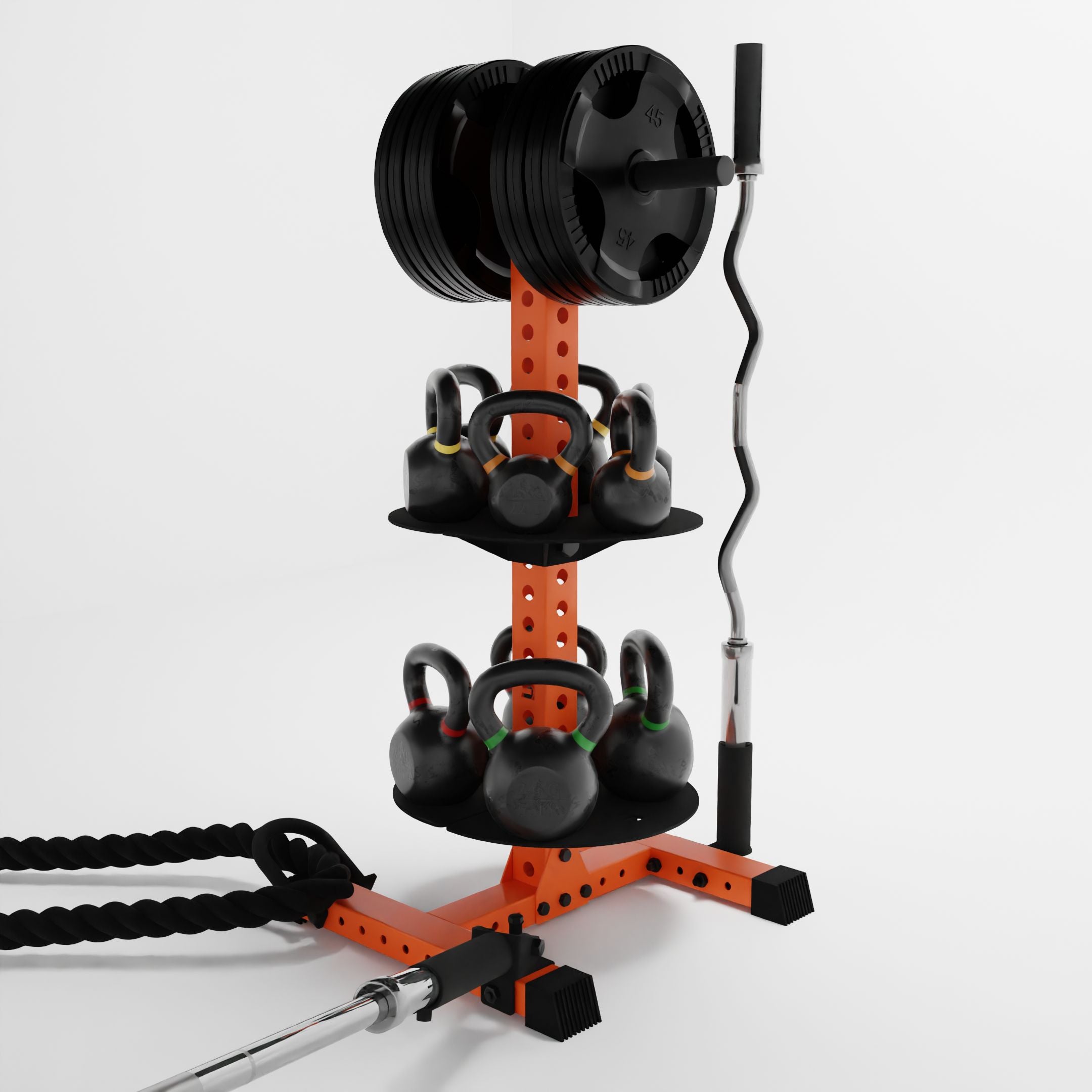 orange alpha pk vertical hybrid plate and kettlebell storage rack storing weight plates, kettlebells, barbells, and a battle rope using storage attachment accessories