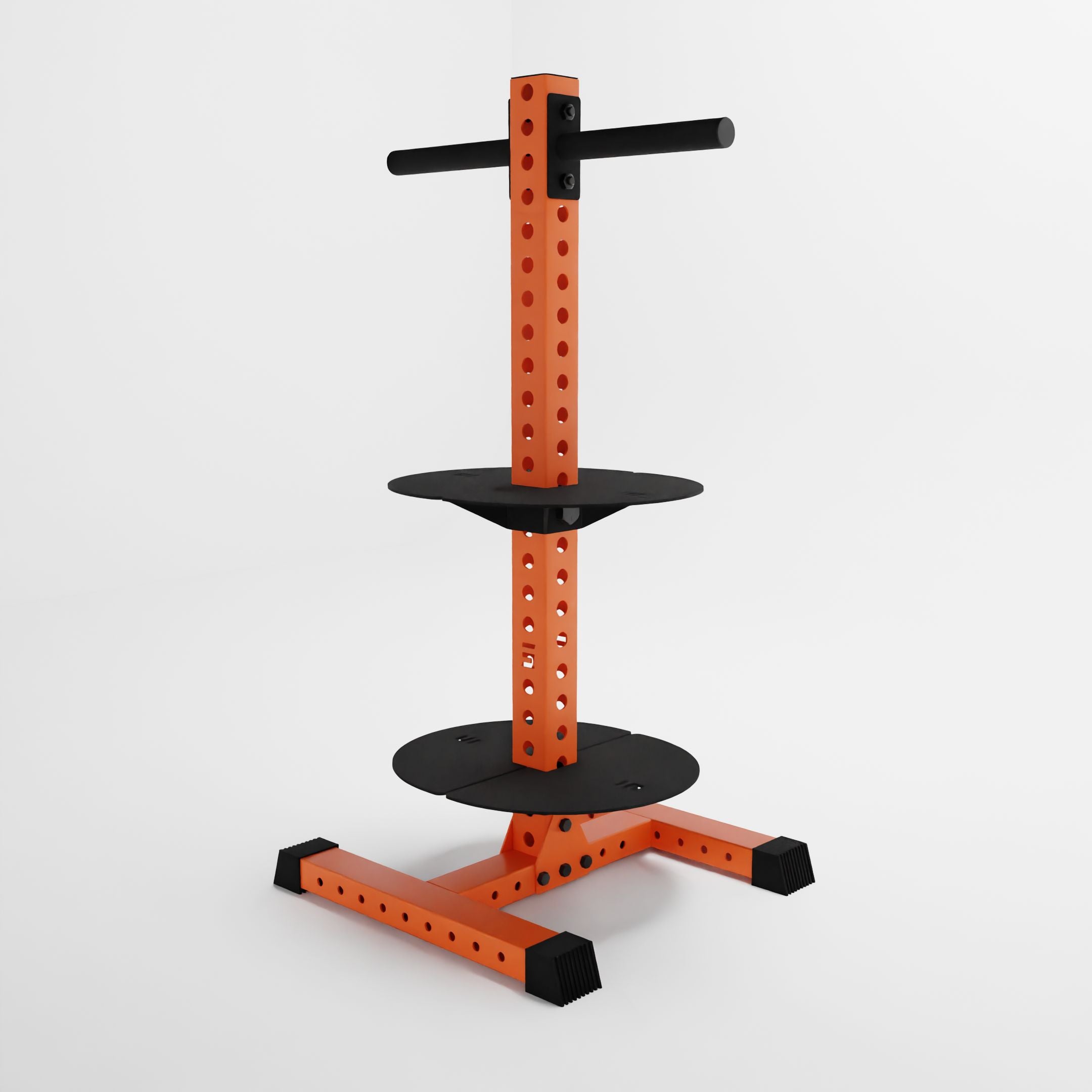 orange alpha pk vertical hybrid plate and kettlebell storage rack side view