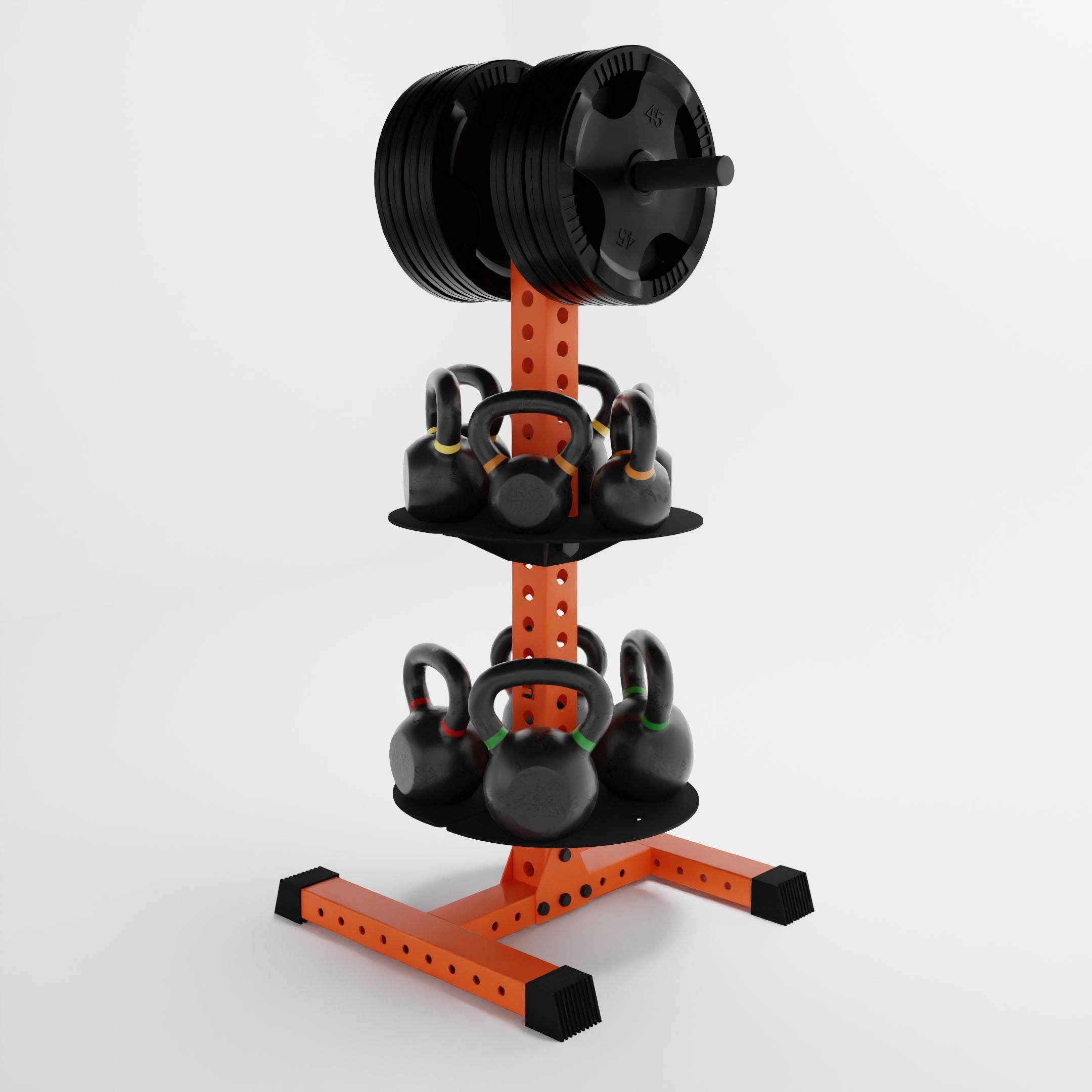 orange alpha pk vertical hybrid plate and kettlebells storage rack storing weight plates and kettlebells side view