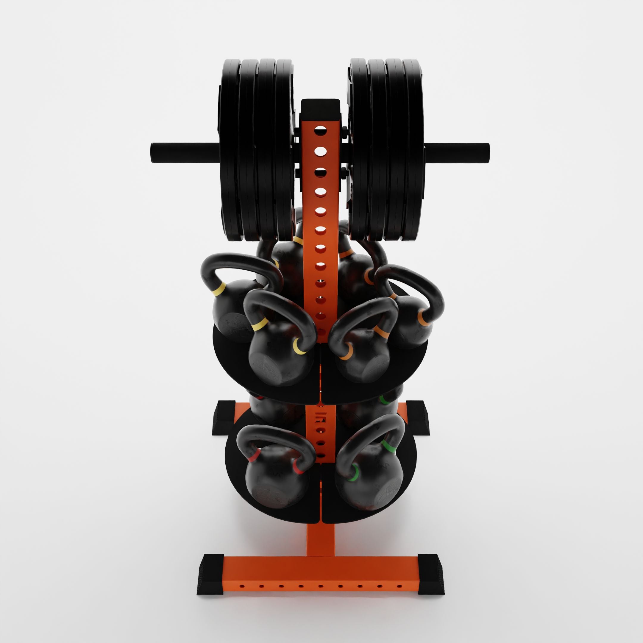 orange alpha pk vertical hybrid plate and kettlebell storage rack storing weight plates and kettlebells top view