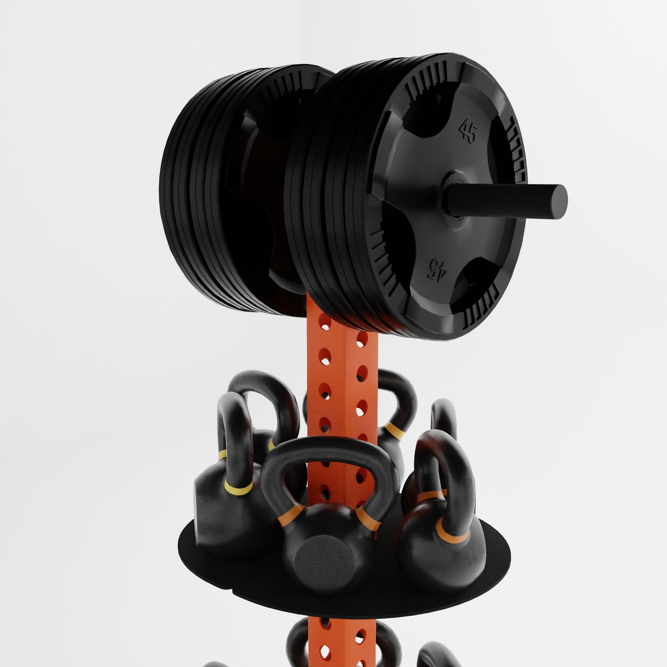 orange alpha pk vertical hybrid plate and kettlebell storage rack top storing weight plates and kettlebells