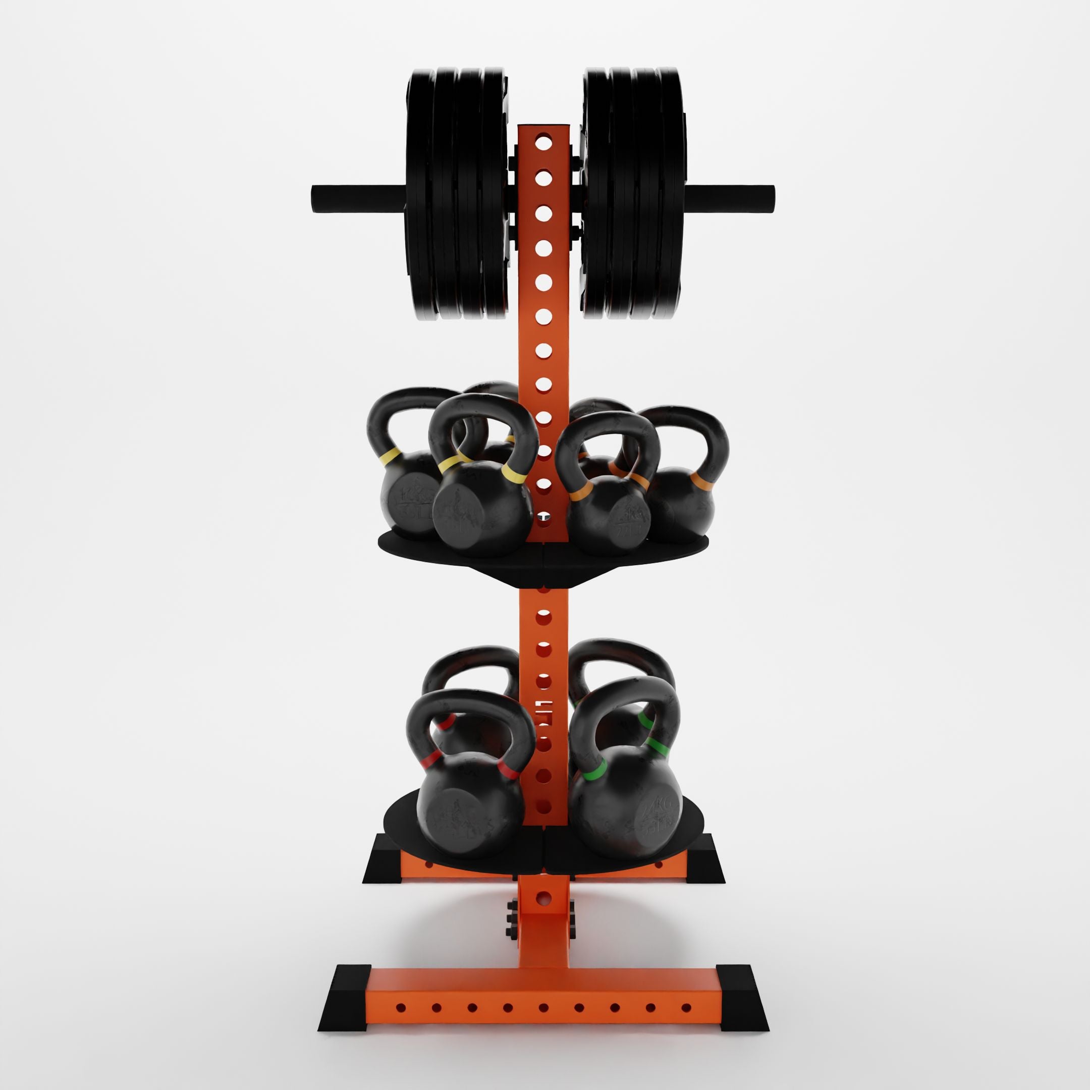 orange alpha pk vertical hybrid plate and kettlebell storage rack storing weight plates and kettlebells