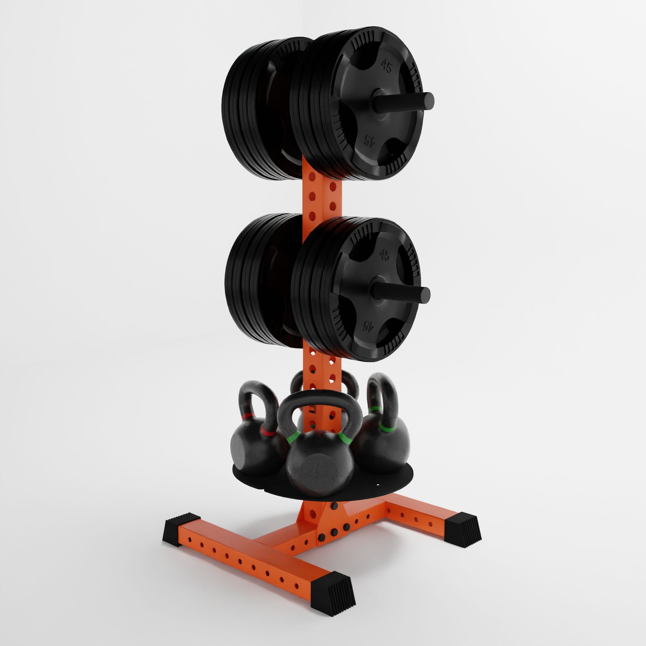 orange alpha pk vertical hybride plate and kettlebell storage rack storing weight plates and kettlebells side view