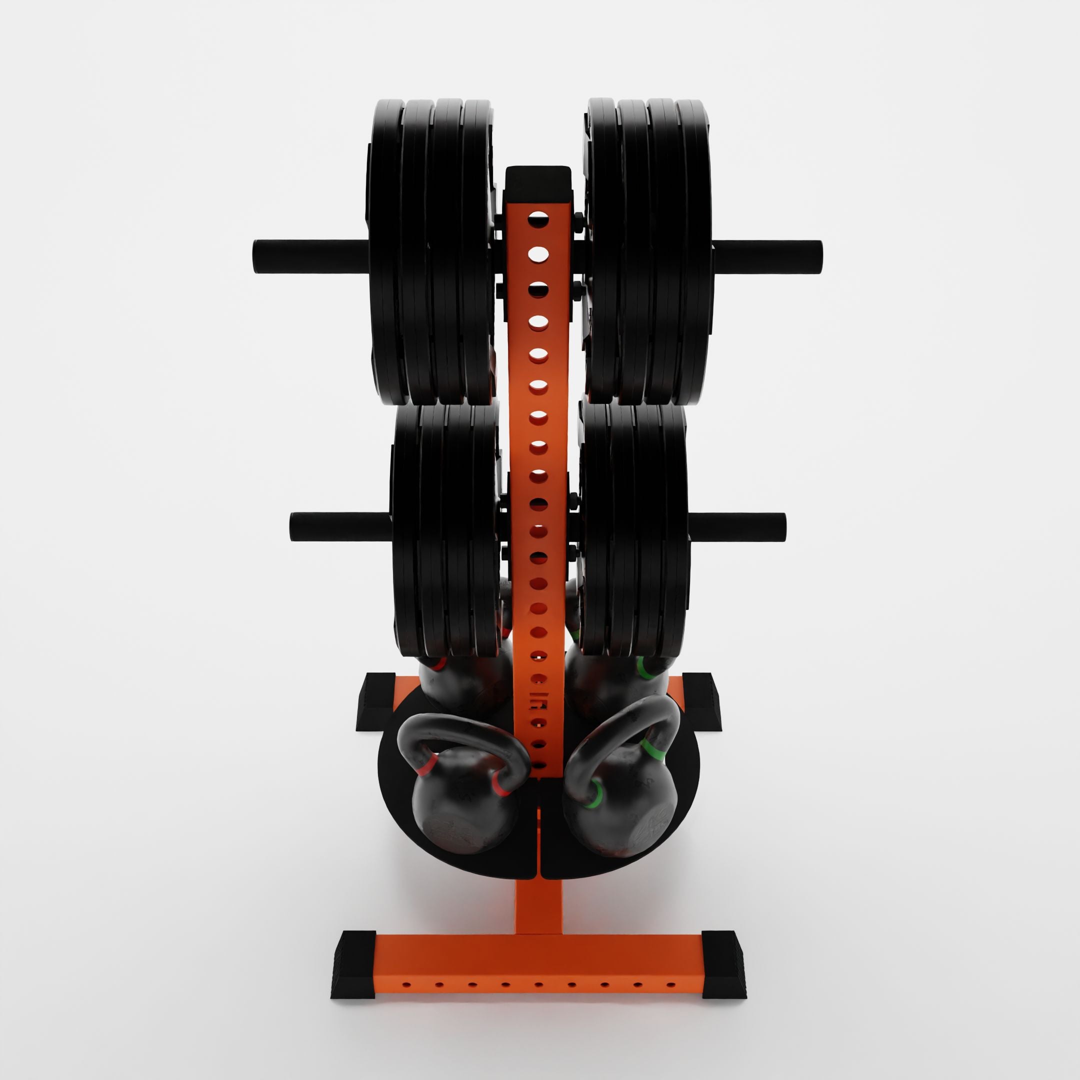 orange alpha pk vertical hybride plate and kettlebells storage rack storing weight plates and kettlebells top view