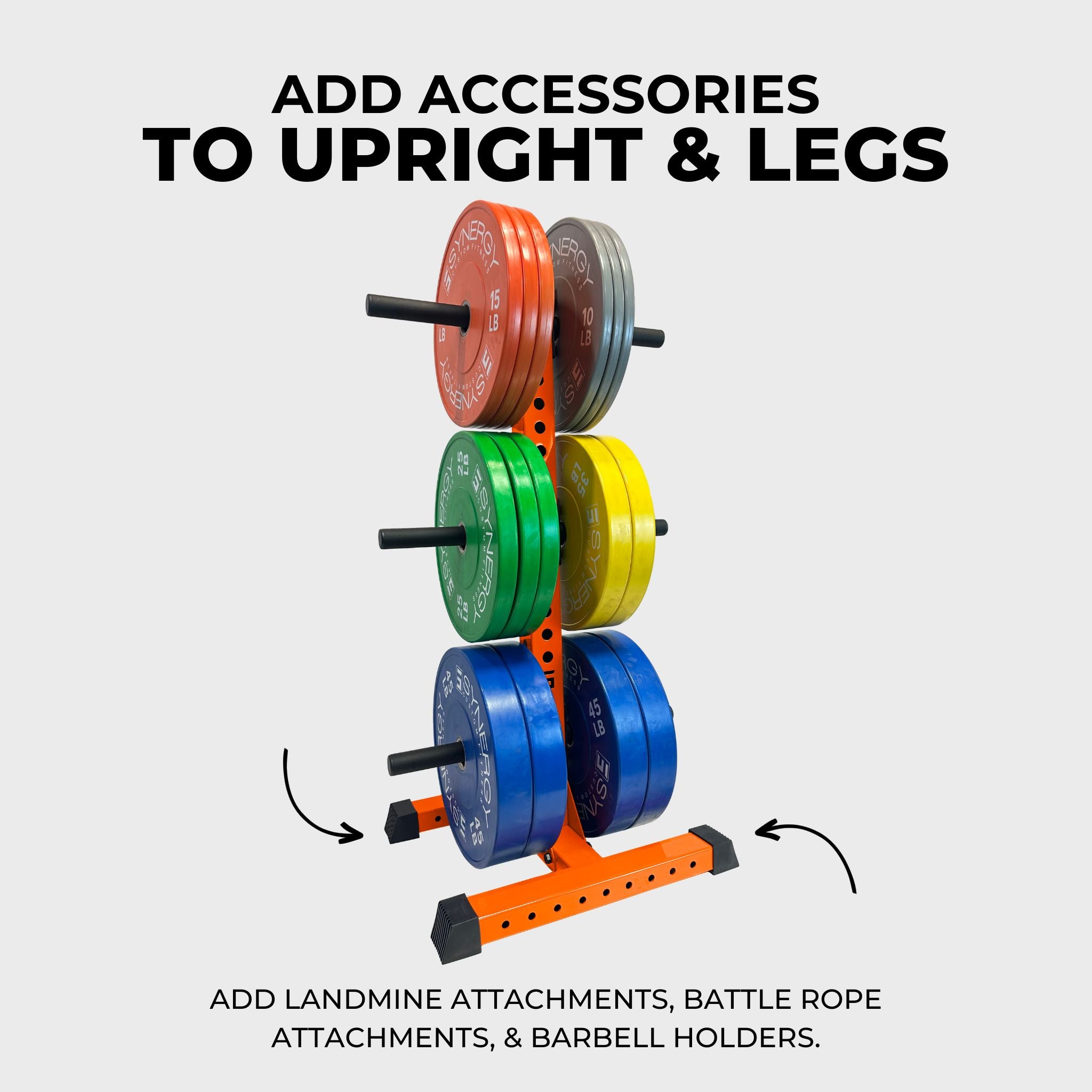 orange alpha vertical weight plate storage tree with six weight plate holders holding various weight plates and text that reads "add accessories to upright & legs, add landmine attachments, battle rope attachments, & barbell holders"