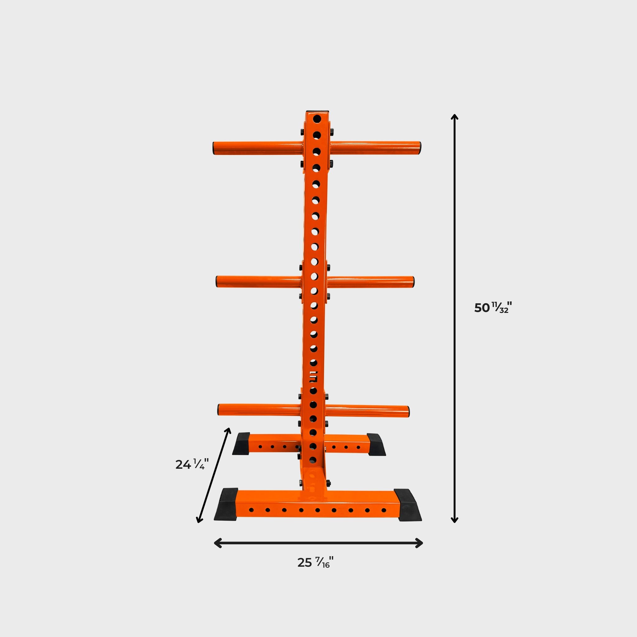 orange alpha vertical weight plate storage tree with six weight plate holders and its dimensions: height 50 11/32 inches, length 25 7/16 inches, width 24 1/4 inches