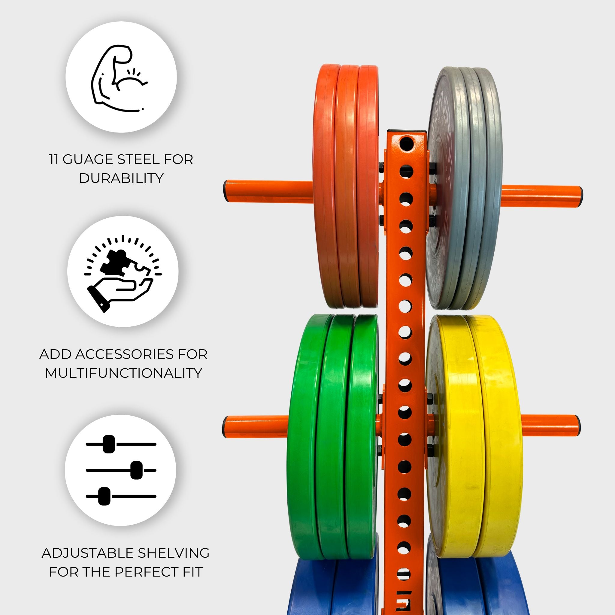 orange alpha vertical weight plate storage tree with six weight plate holders holding various weight plates and text that reads "11 gauge steel for durability, add accessories for multifunctionality, adjustable shelving for the perfect fit"