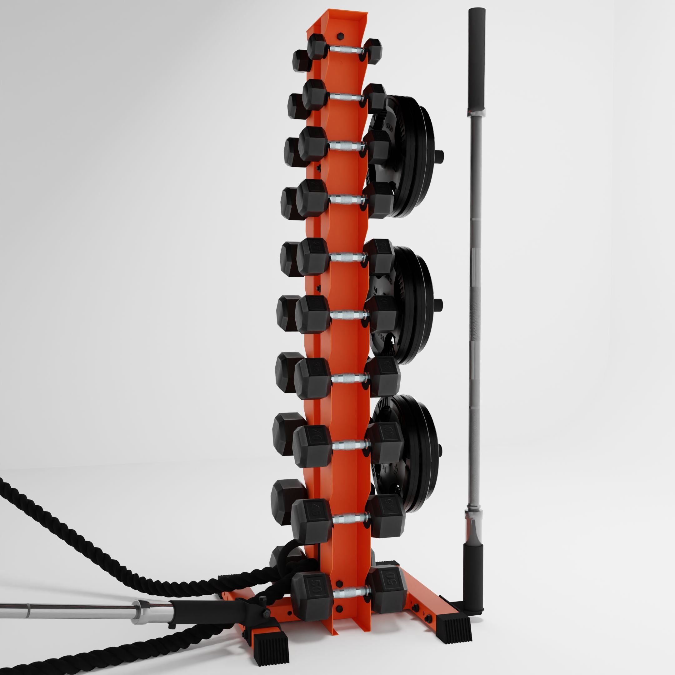 orange delta 10-tier vertical dumbbell storage rack storing dumbbells, weight plates, barbells, and a battle rope storage attachment accessories