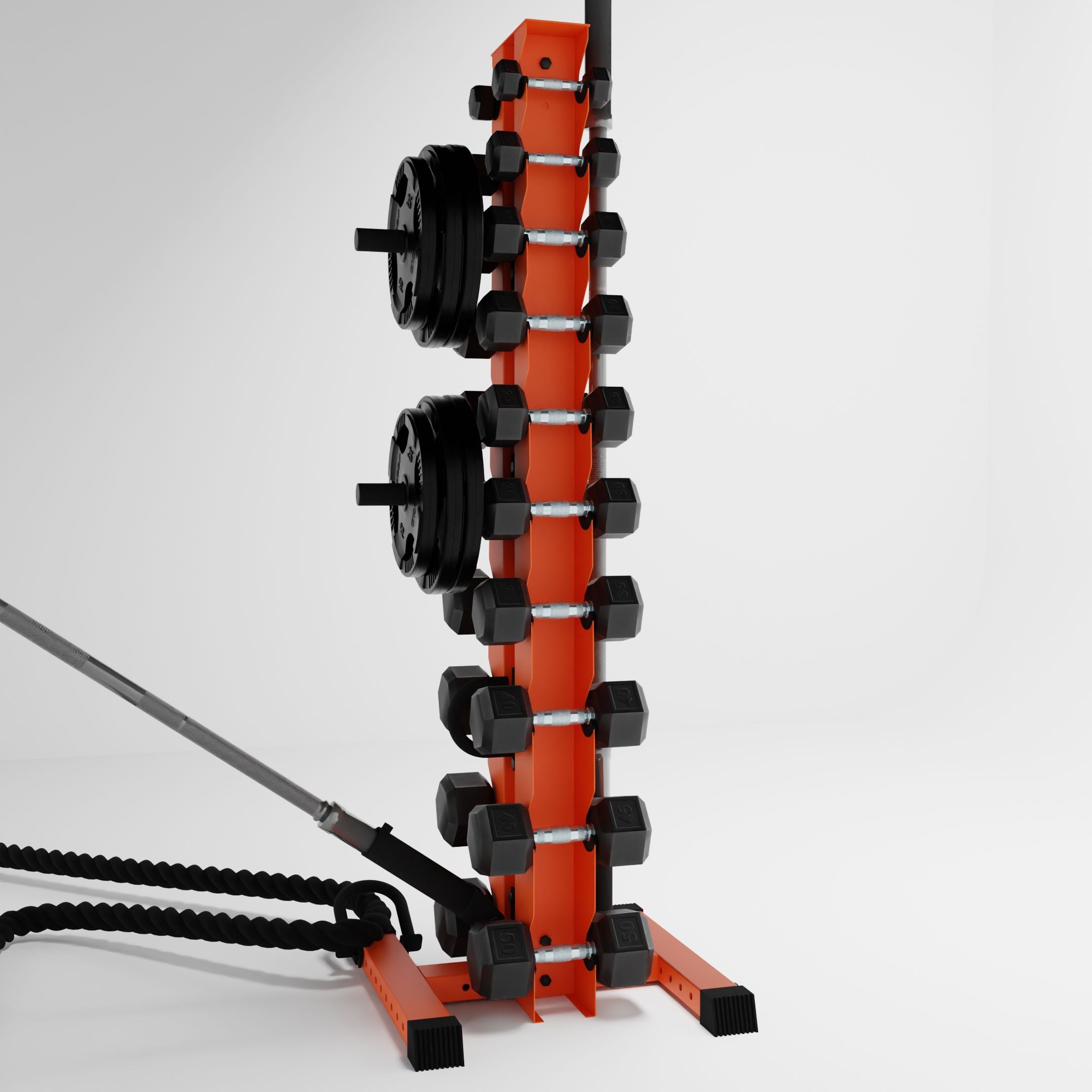 orange delta 10-tier vertical dumbbell storage rack storing dumbbells, weight plates, barbells, and a battle rope storage attachment accessories