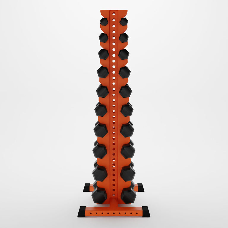 orange delta 10-tier vertical dumbbell storage rack storing hex dumbbells