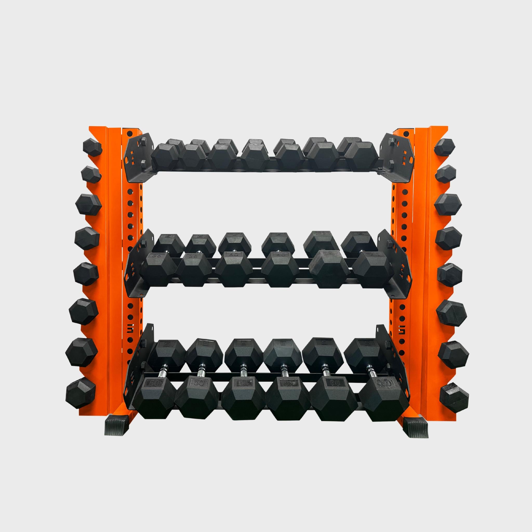 43 inch orange alpha 3-tier horizontal dumbbell rack loaded with hex dumbbells and vertical add-ons