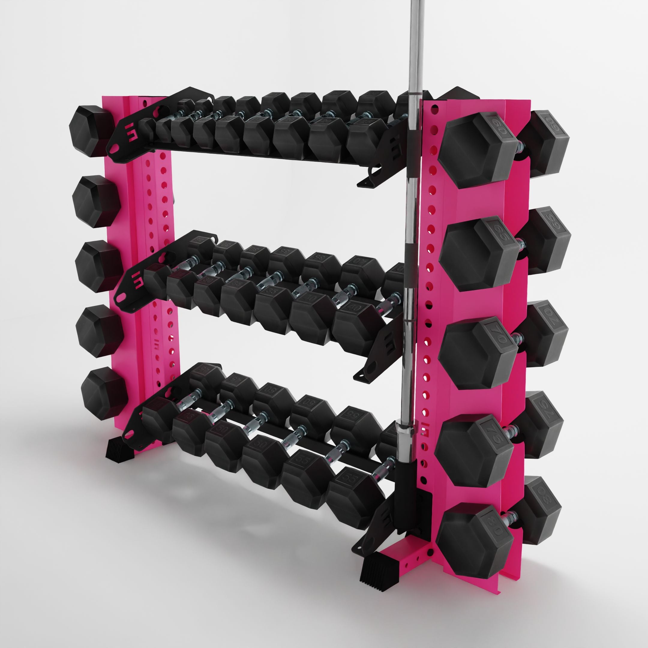 pink 43-inch alpha 3-tier horizontal dumbbell rack with elite vertical add-ons storing dumbbells and a barbell using a storage attachment accessory