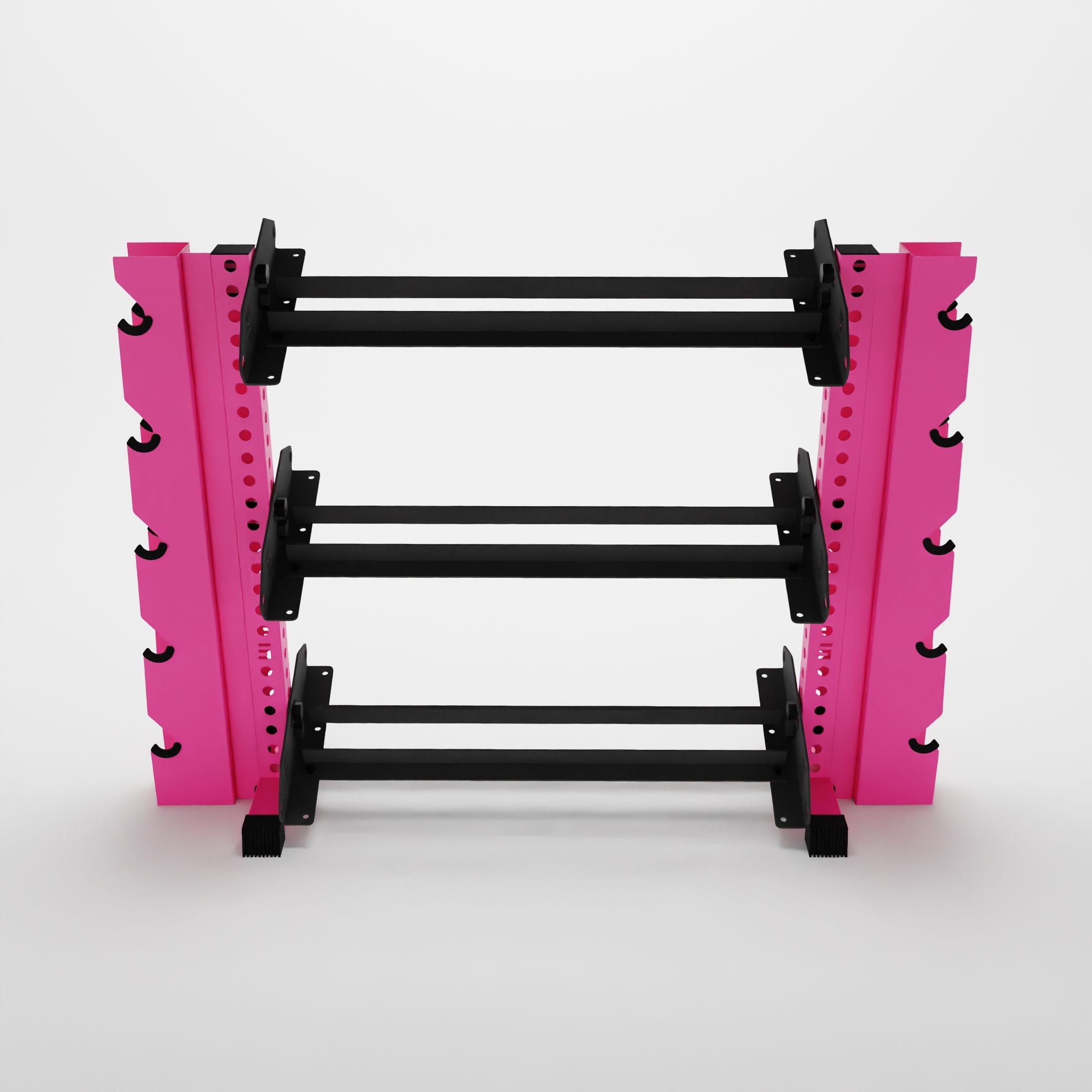 pink 43-inch alpha 3-tier horizontal dumbbell rack with elite vertical add-ons