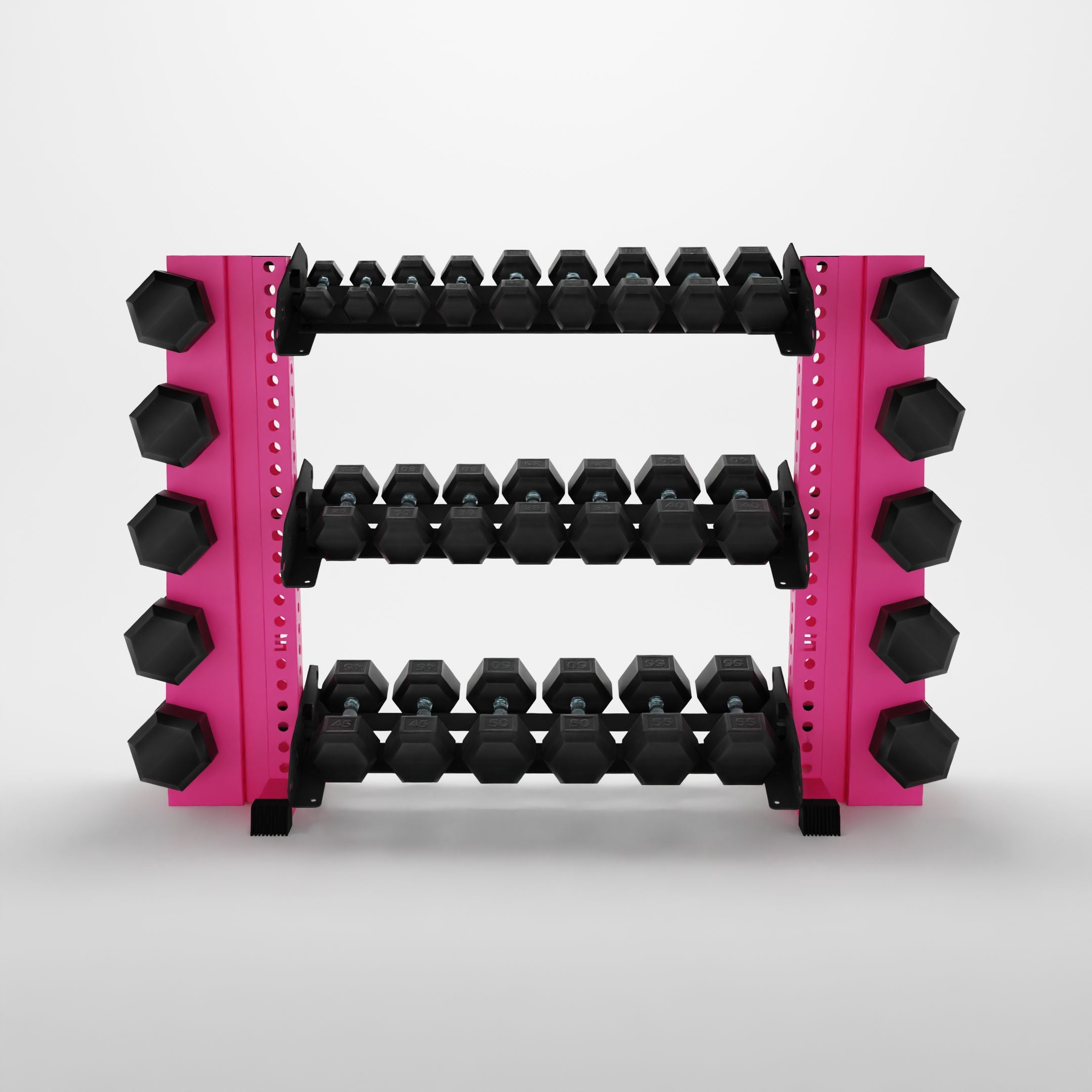 pink 43-inch alpha 3-tier horizontal dumbbell rack with elite vertical add-ons storing hex dumbbells