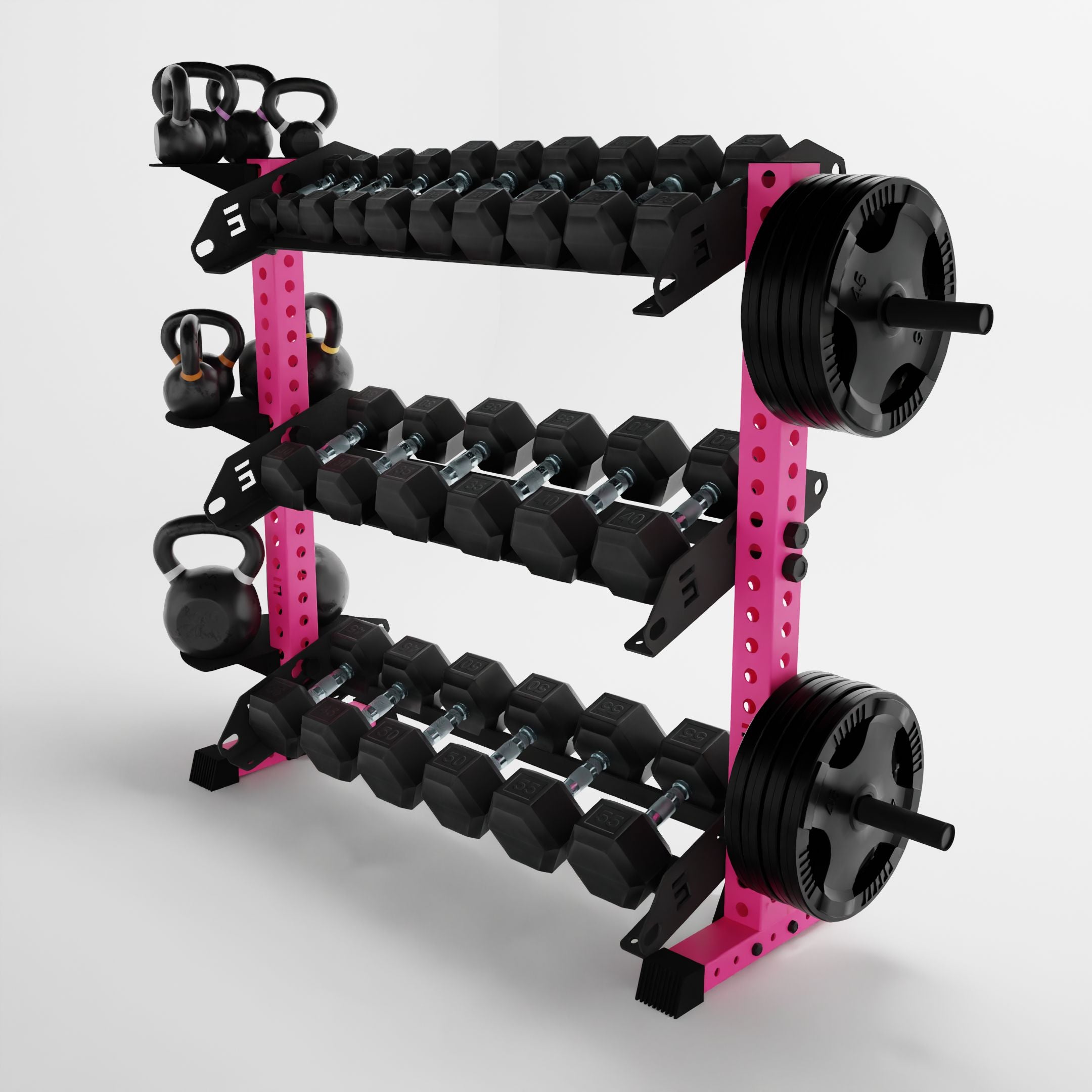 pink 43-inch alpha 3-tier horizontal dumbbell rack storing dumbbells, weight plates, and kettlebells using storage attachment accessories