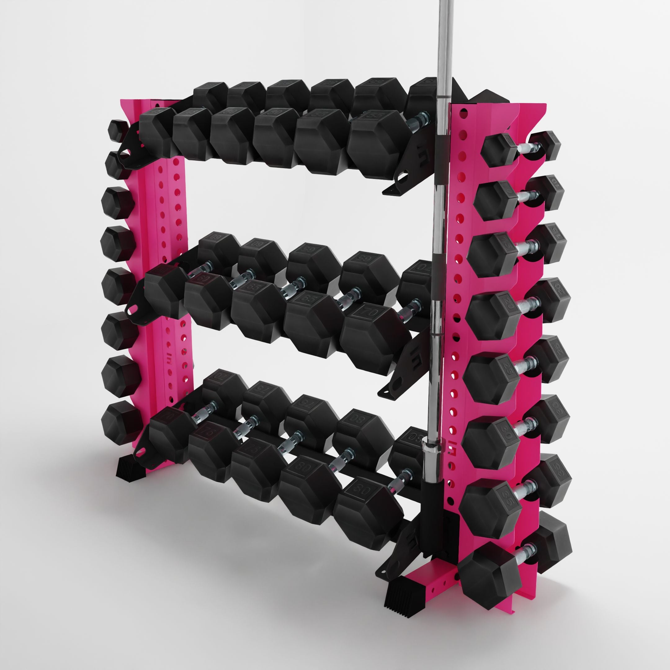 pink 43-inch alpha 3-tier horizontal dumbbell rack with vertical add-ons storing dumbbells and a barbell using a storage attachment accessory