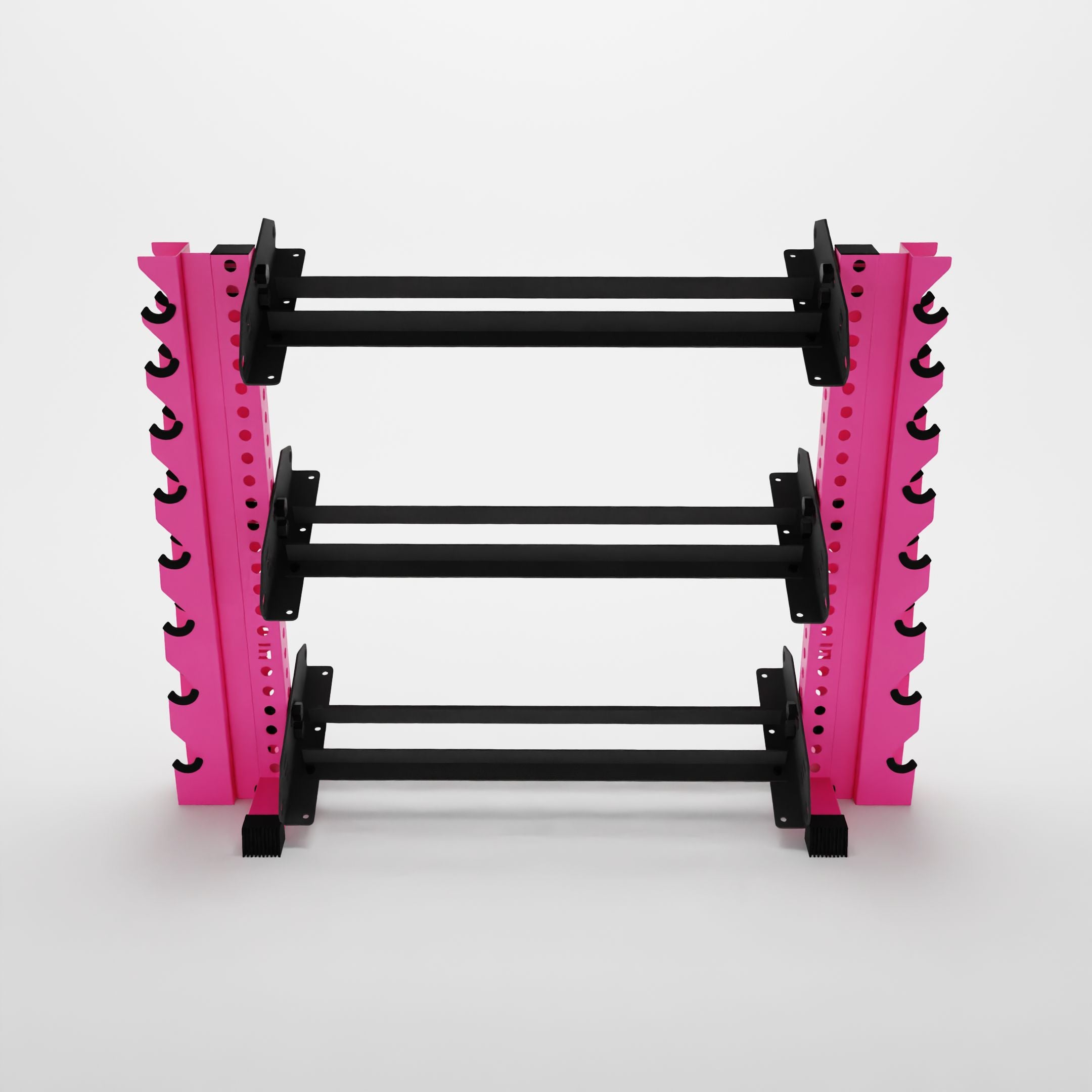 pink 43-inch alpha 3-tier horizontal dumbbell rack with vertical add-ons