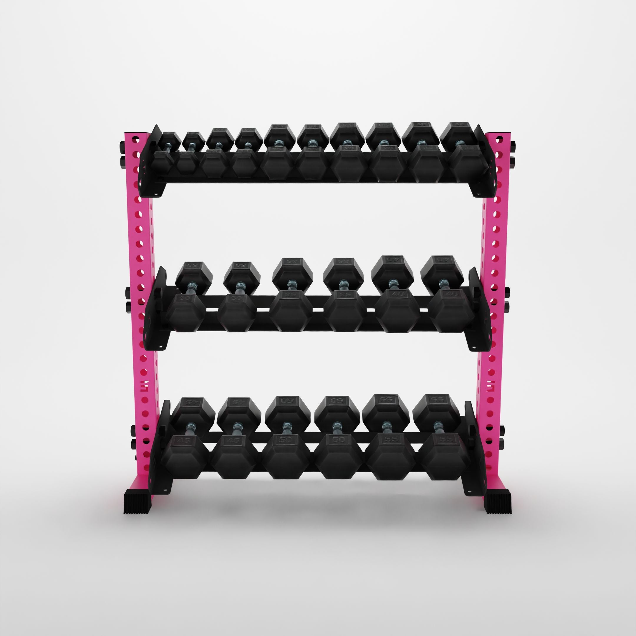 pink 43-inch alpha 3-tier horizontal dumbbell rack storing hex dumbbells