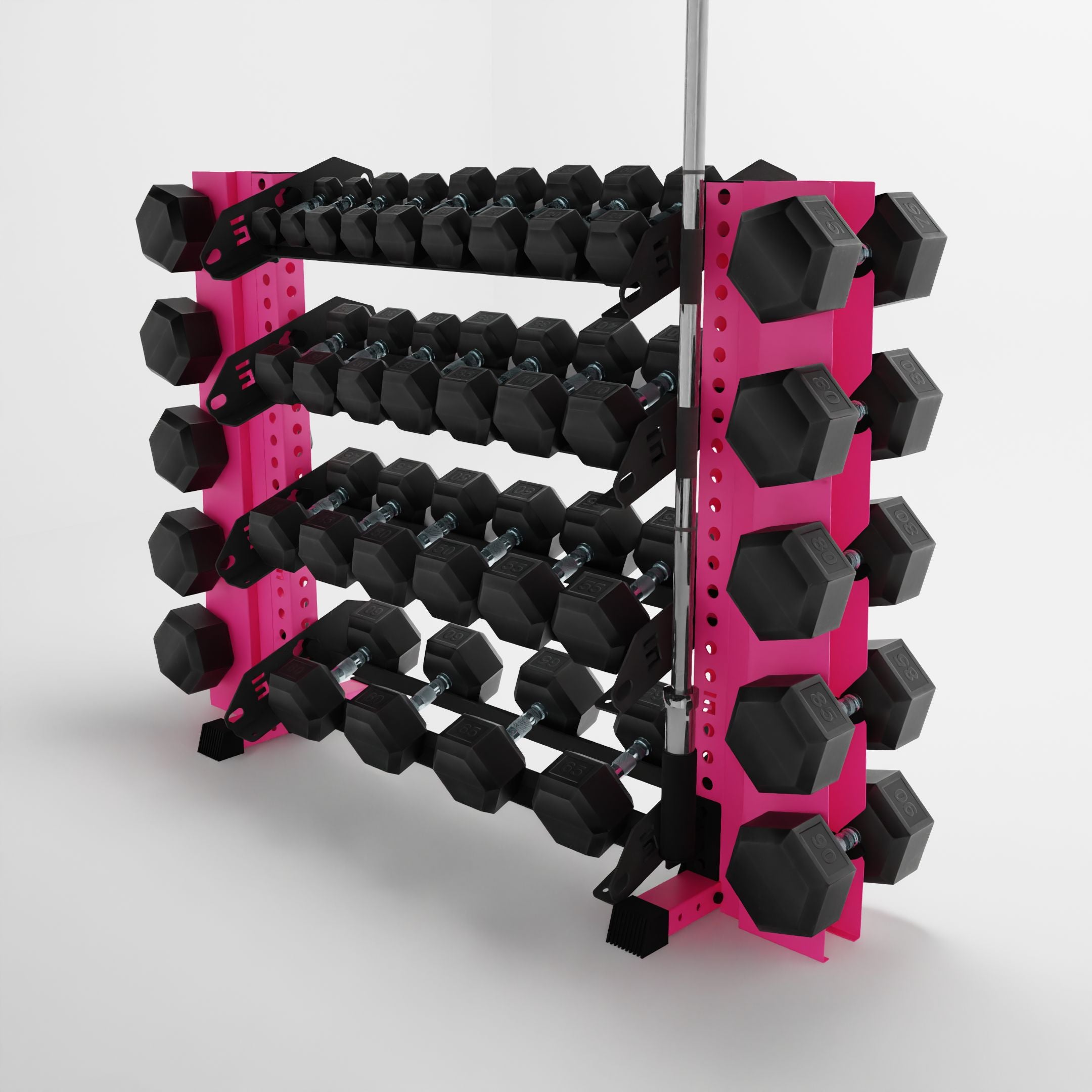 pink 43-inch alpha 4-tier horizontal dumbbell rack with elite vertical add-ons storing hex dumbbells and a barbell using a storage attachment accessory