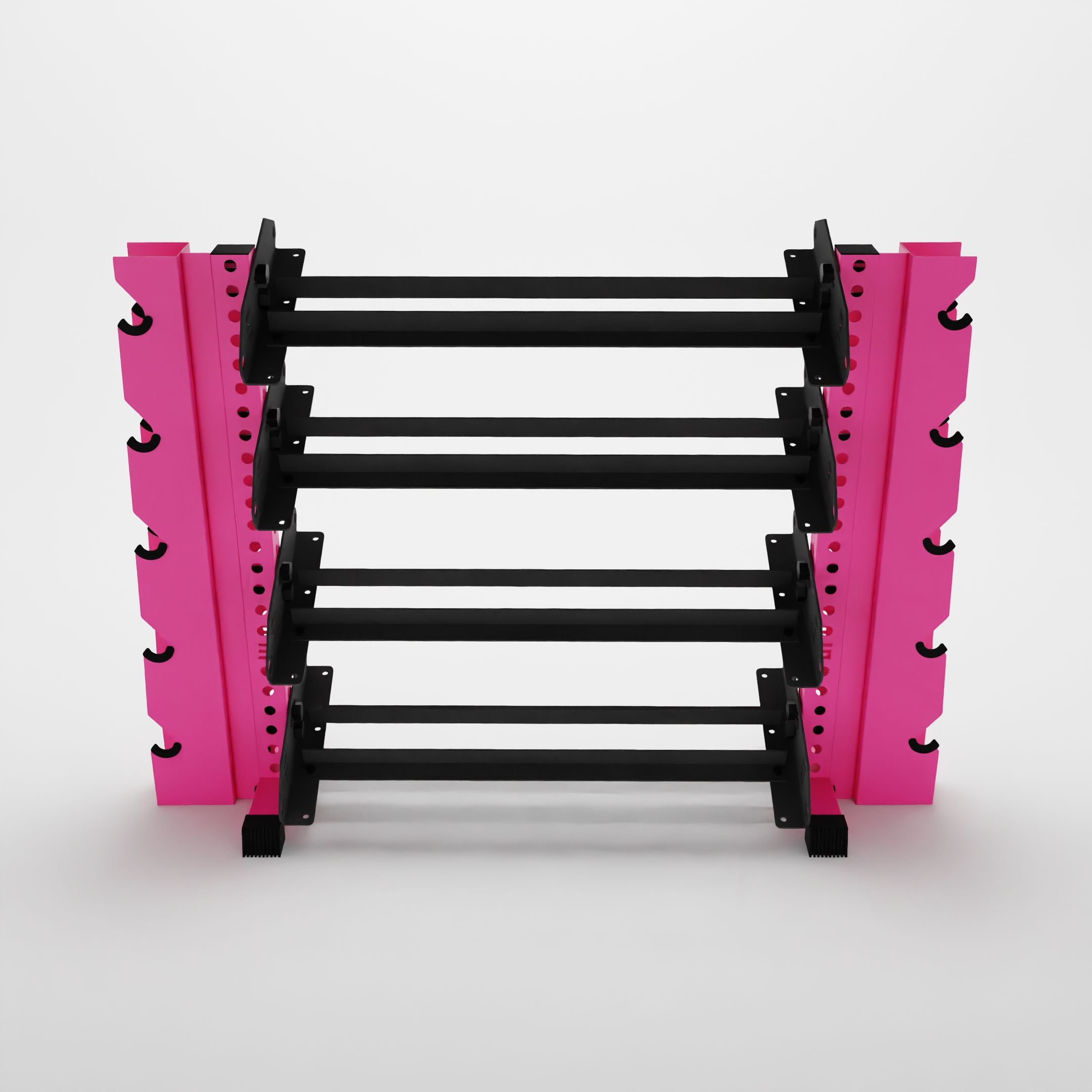 pink 43-inch alpha 4-tier horizontal dumbbell rack with elite vertical add-ons