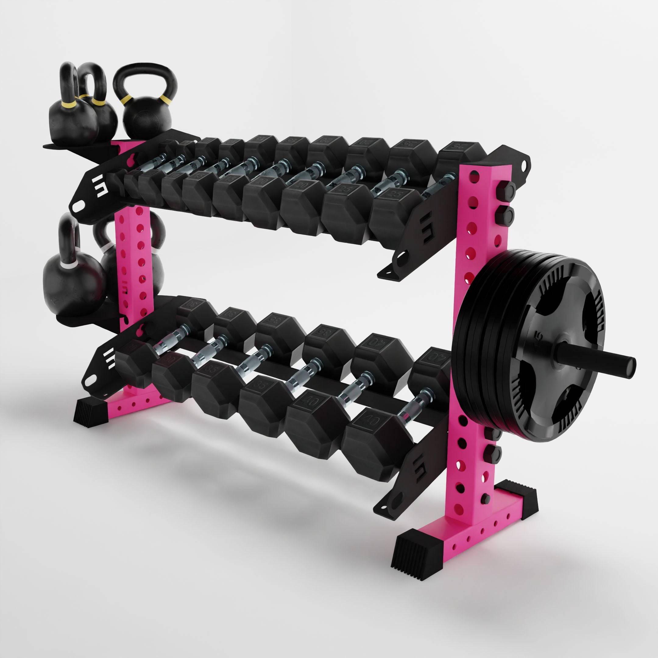 pink 43-inch bravo 2-tier horizontal dumbbell rack storing dumbbells, weight plates, and kettlebells using storage attachment accessories