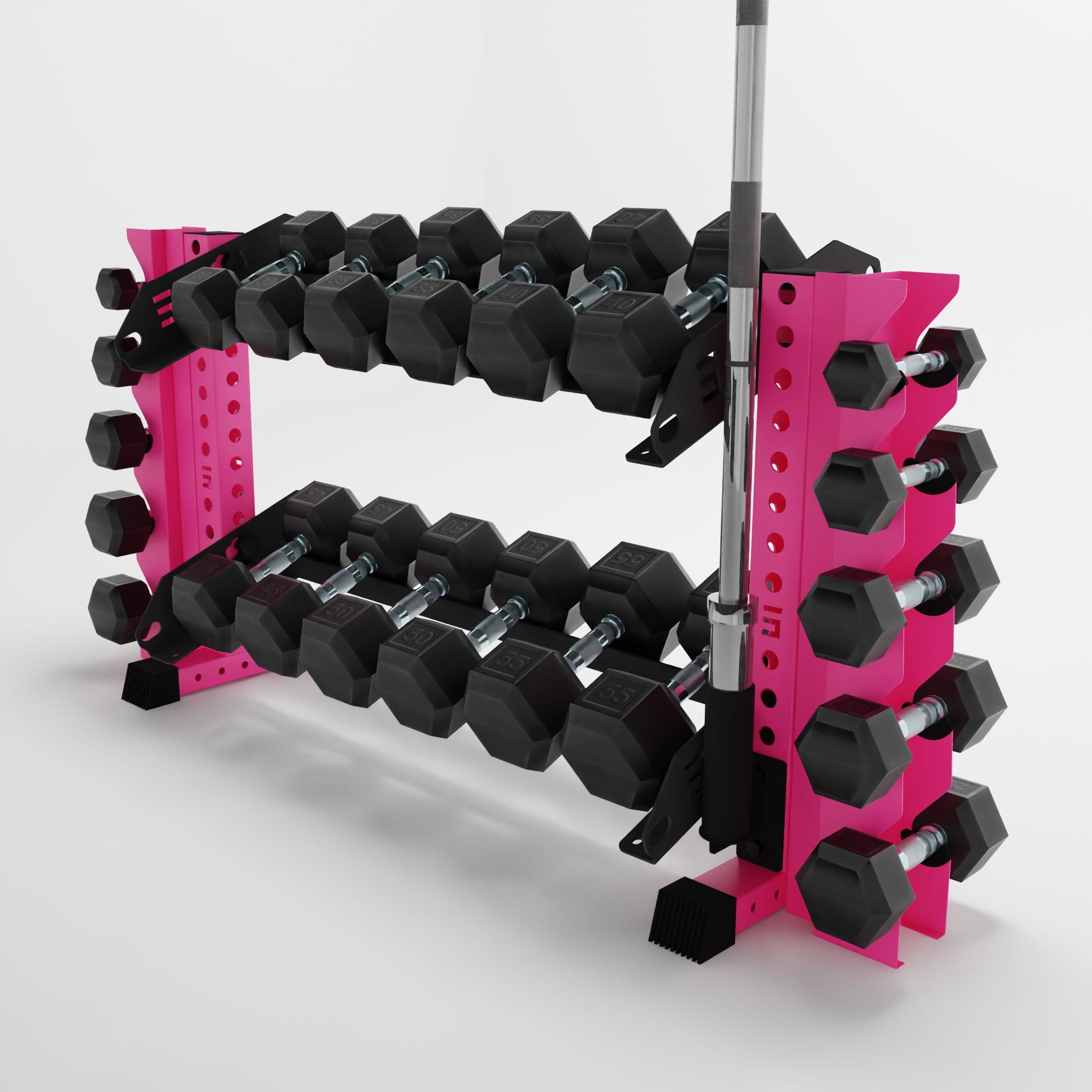 pink 43-inch bravo 2-tier horizontal dumbbell rack with vertical add-ons storing dumbbells and a barbell using a storage attachment accessory