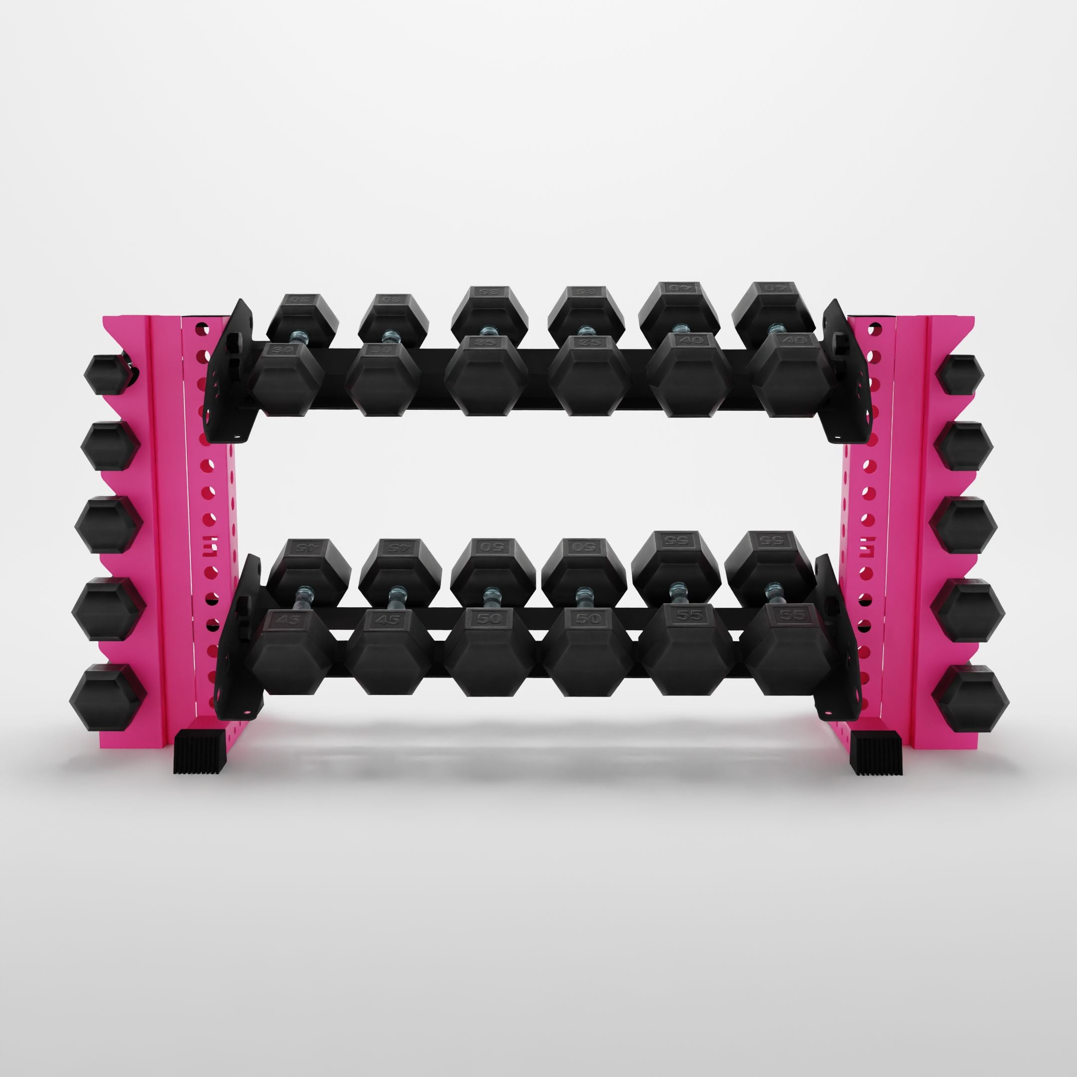 pink 43-inch bravo 2-tier horizontal dumbbell rack with vertical add-ons storing hex dumbbells