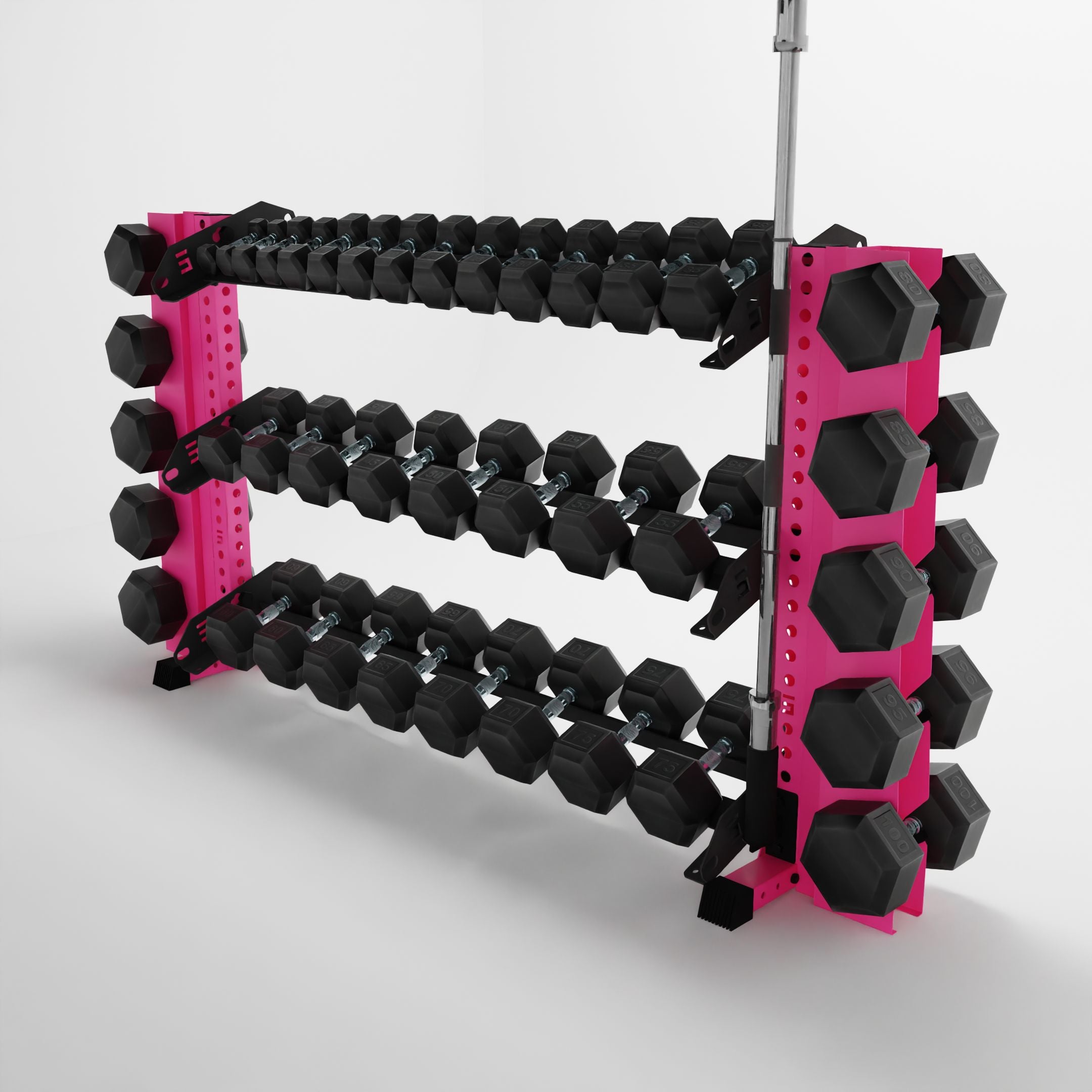 pink 70-inch alpha 3-tier horizontal dumbbell rack with elite vertical add-ons storing dumbbells and a barbell using a storage attachment accessory