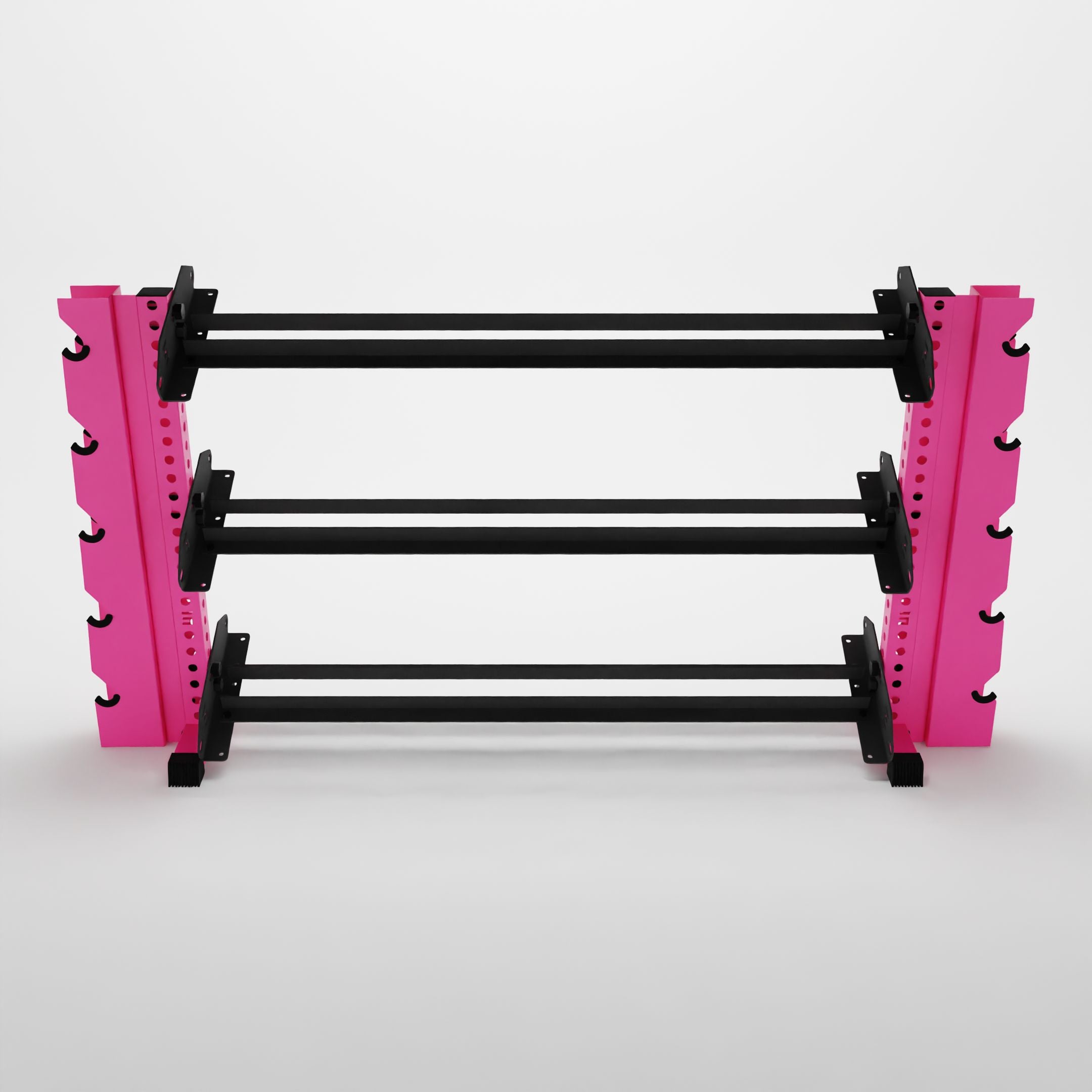 pink 70-inch alpha 3-tier horizontal dumbbell rack with elite vertical add-ons