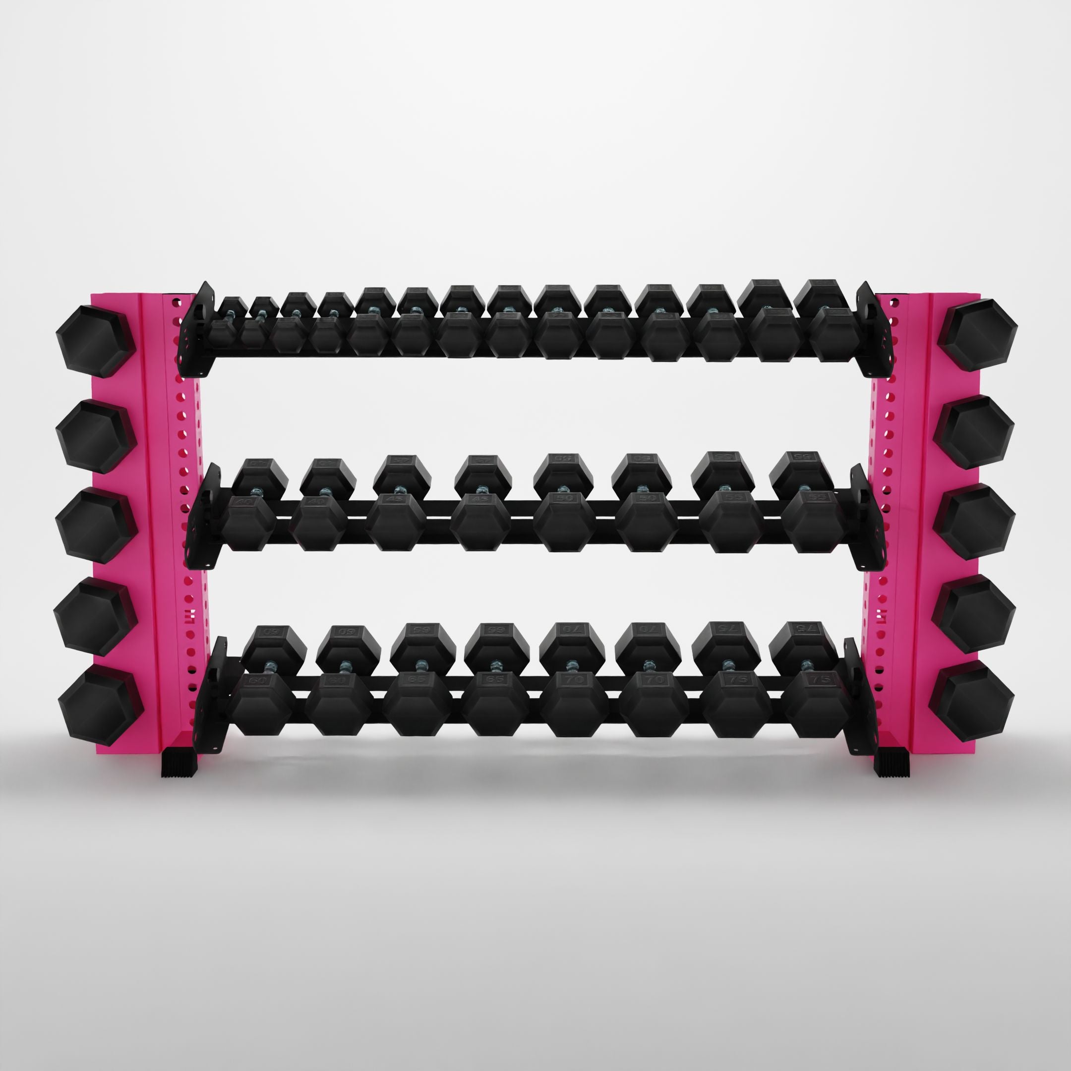 pink 70-inch alpha 3-tier horizontal dumbbell rack with elite vertical add-ons storing hex dumbbells