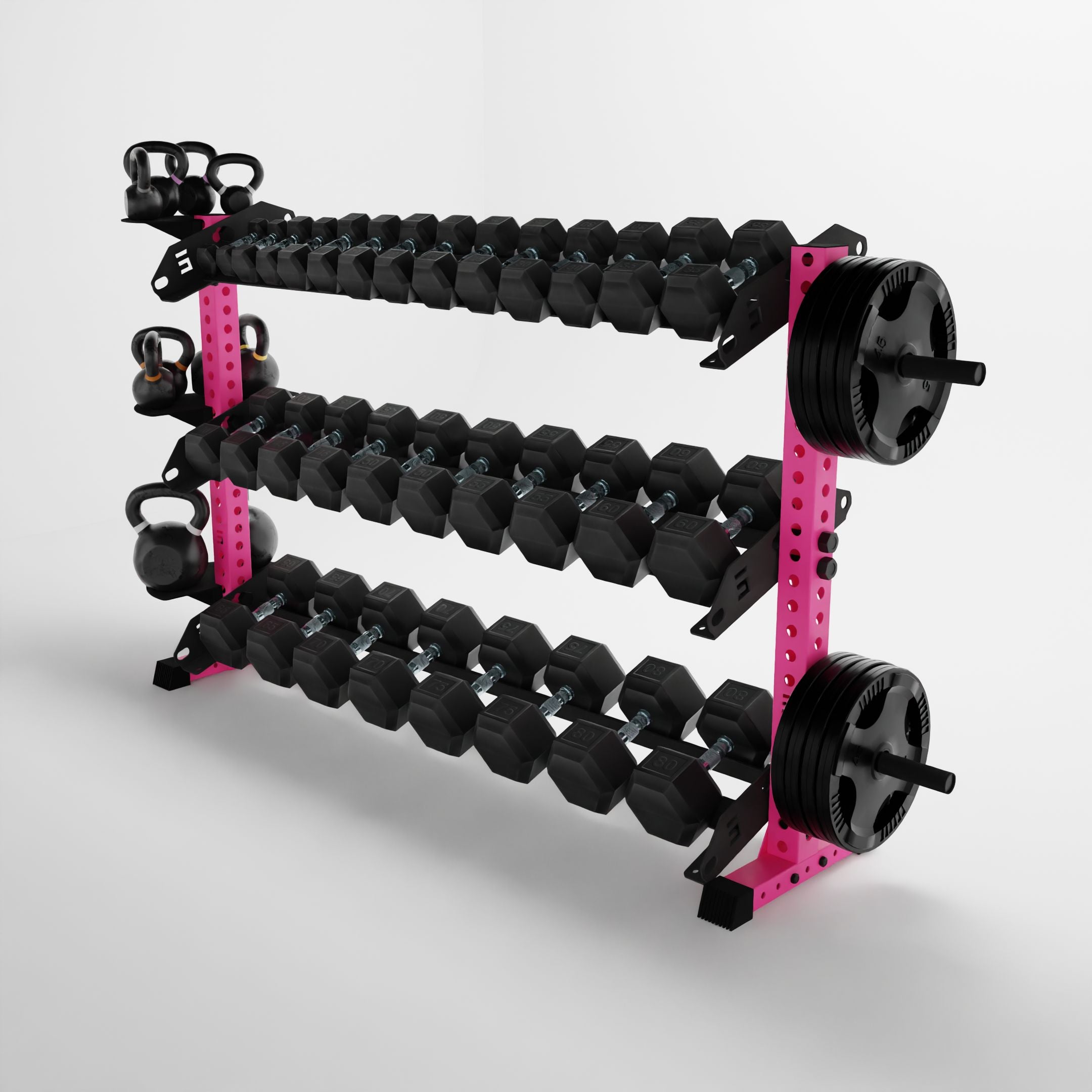 pink 70-inch alpha 3-tier horizontal dumbbell rack storing dumbbells, weight plates, and kettlebells using storage attachment accessories