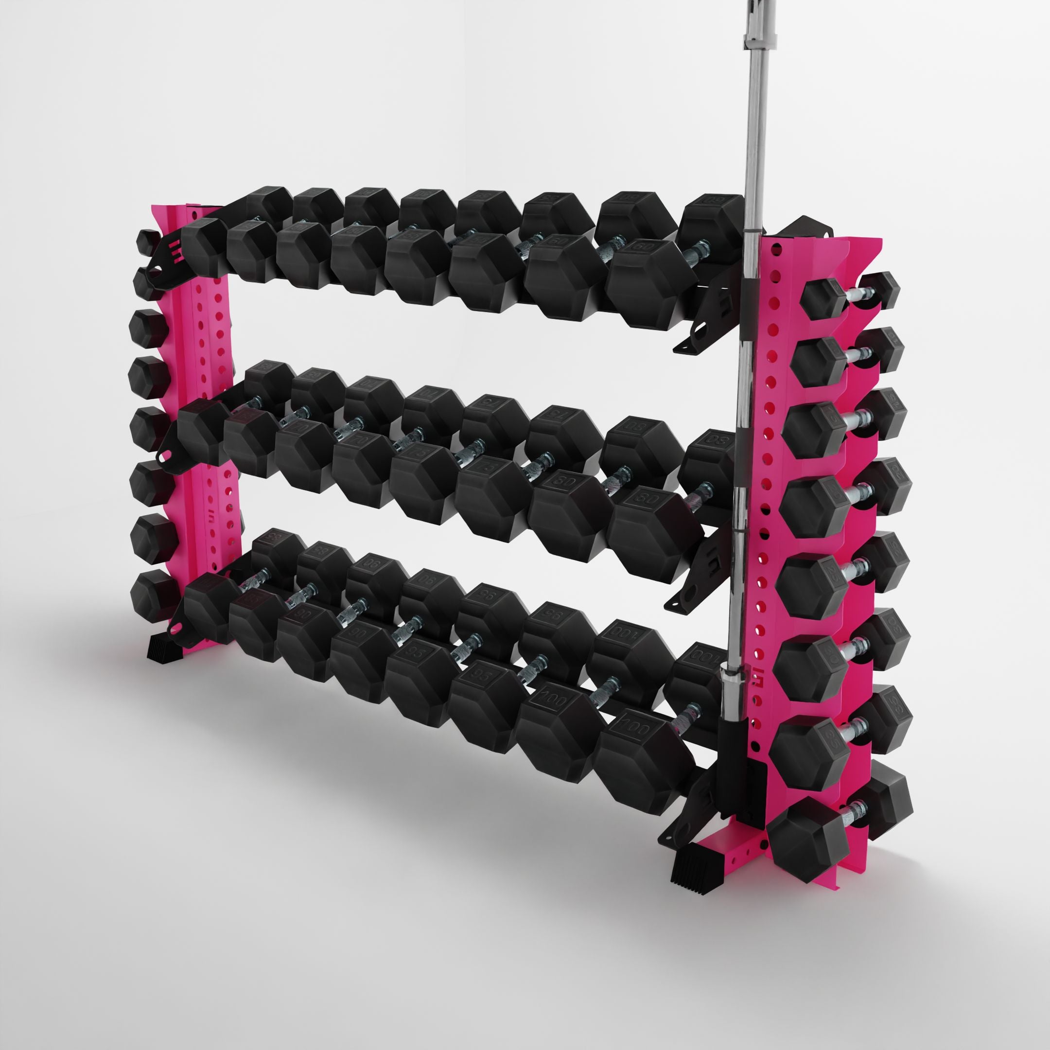 pink 70-inch alpha 3-tier horizontal dumbbell rack with vertical add-ons storing dumbbells and a barbell using a storage attachment accessory