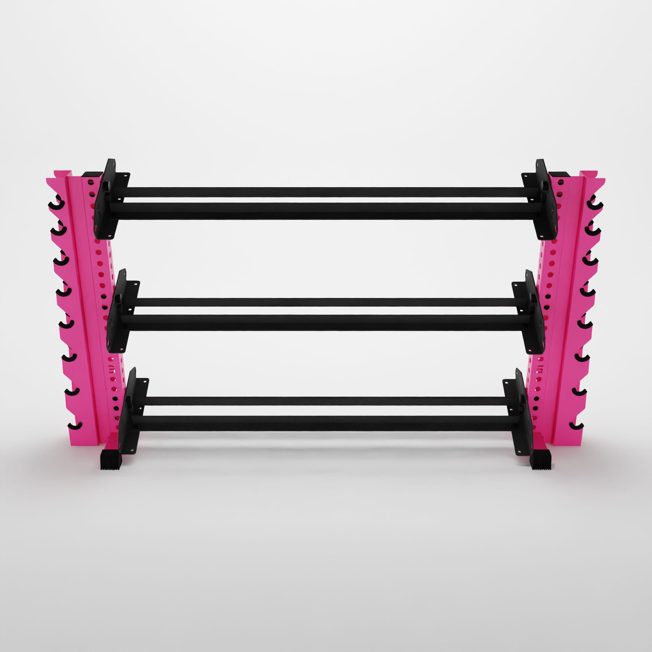 pink 70-inch alpha 3-tier horizontal dumbbell rack with vertical add-ons