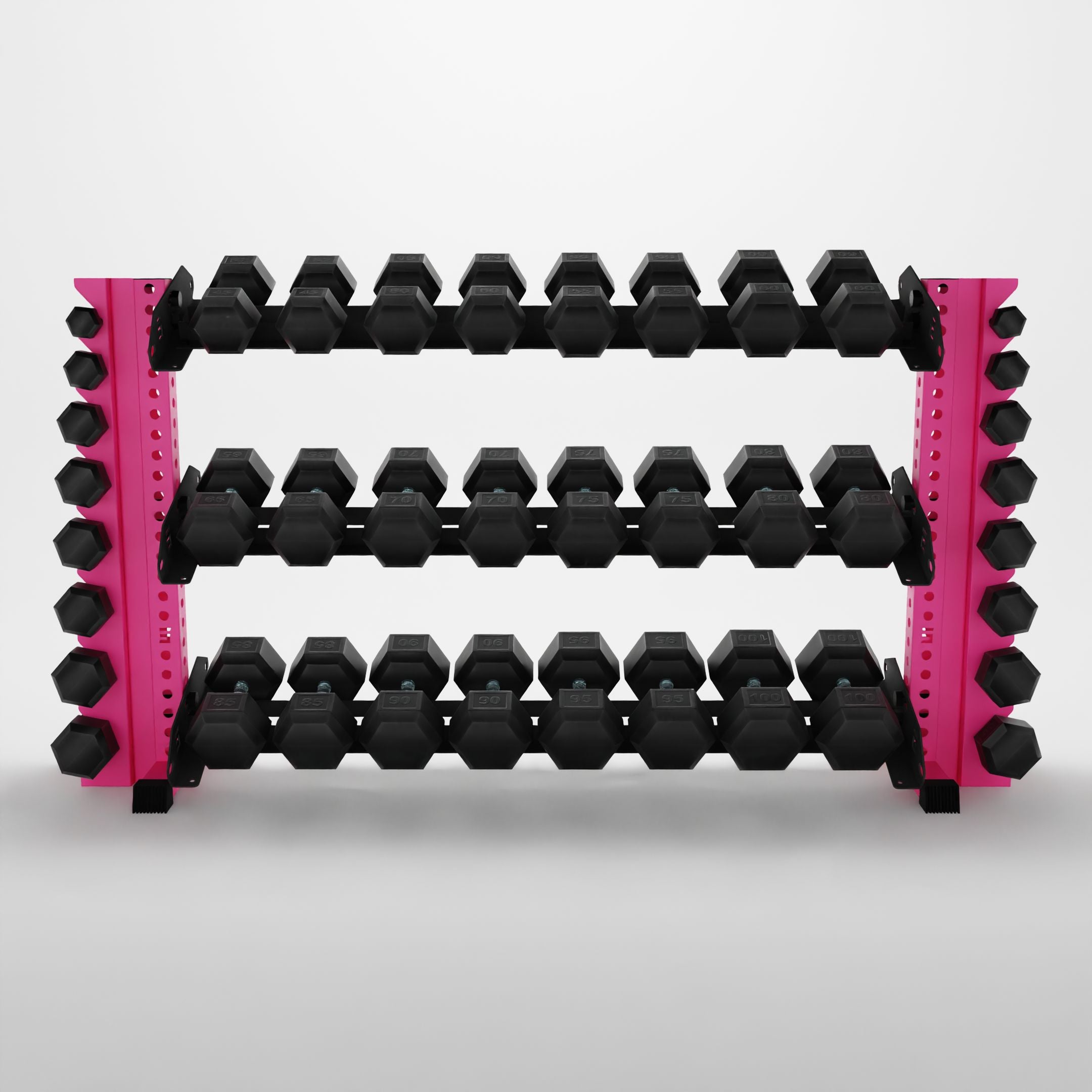 pink 70-inch alpha 3-tier horizontal dumbbell rack with vertical add-ons storing hex dumbbells