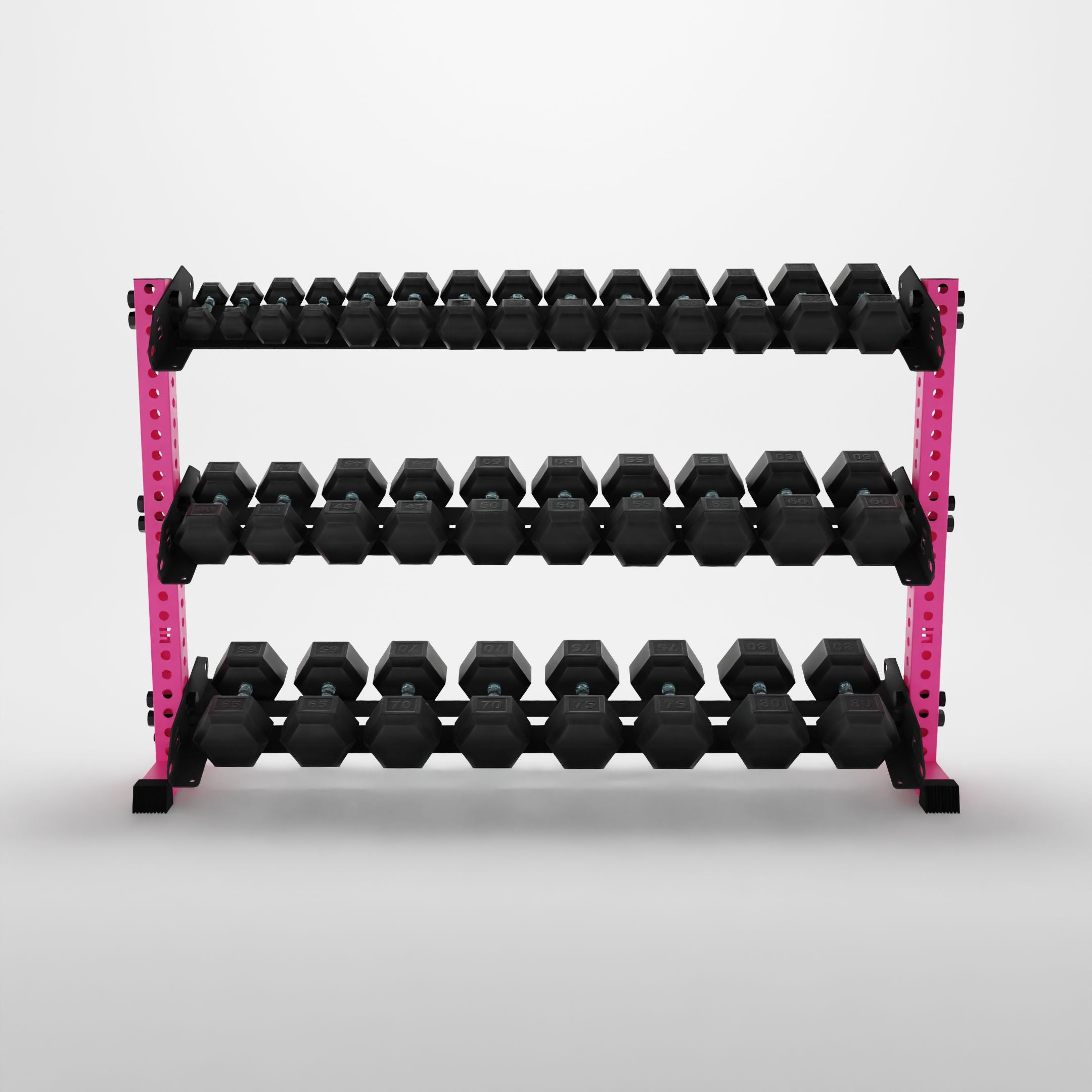 pink 70-inch alpha 3-tier horizontal dumbbell rack storing hex dumbbells