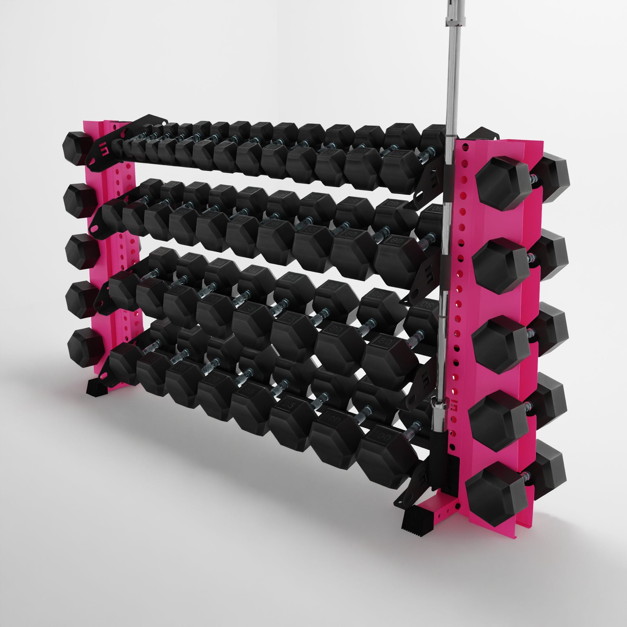 pink 70-inch alpha 4-tier horizontal dumbbell rack with elite vertical add-ons storing hex dumbbells and a barbell using a storage attachment accessory