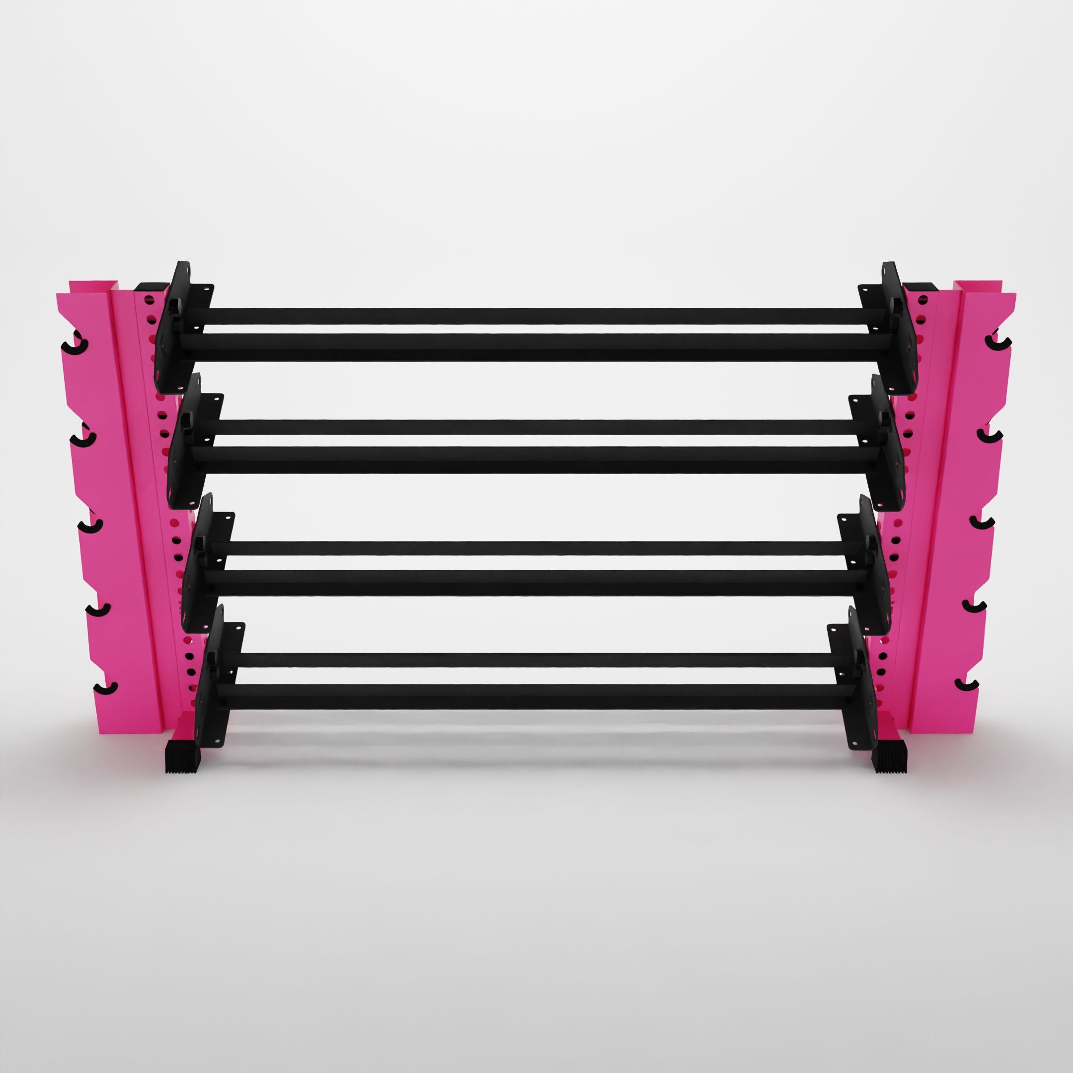 pink 70-inch alpha 4-tier horizontal dumbbell rack with elite vertical add-ons