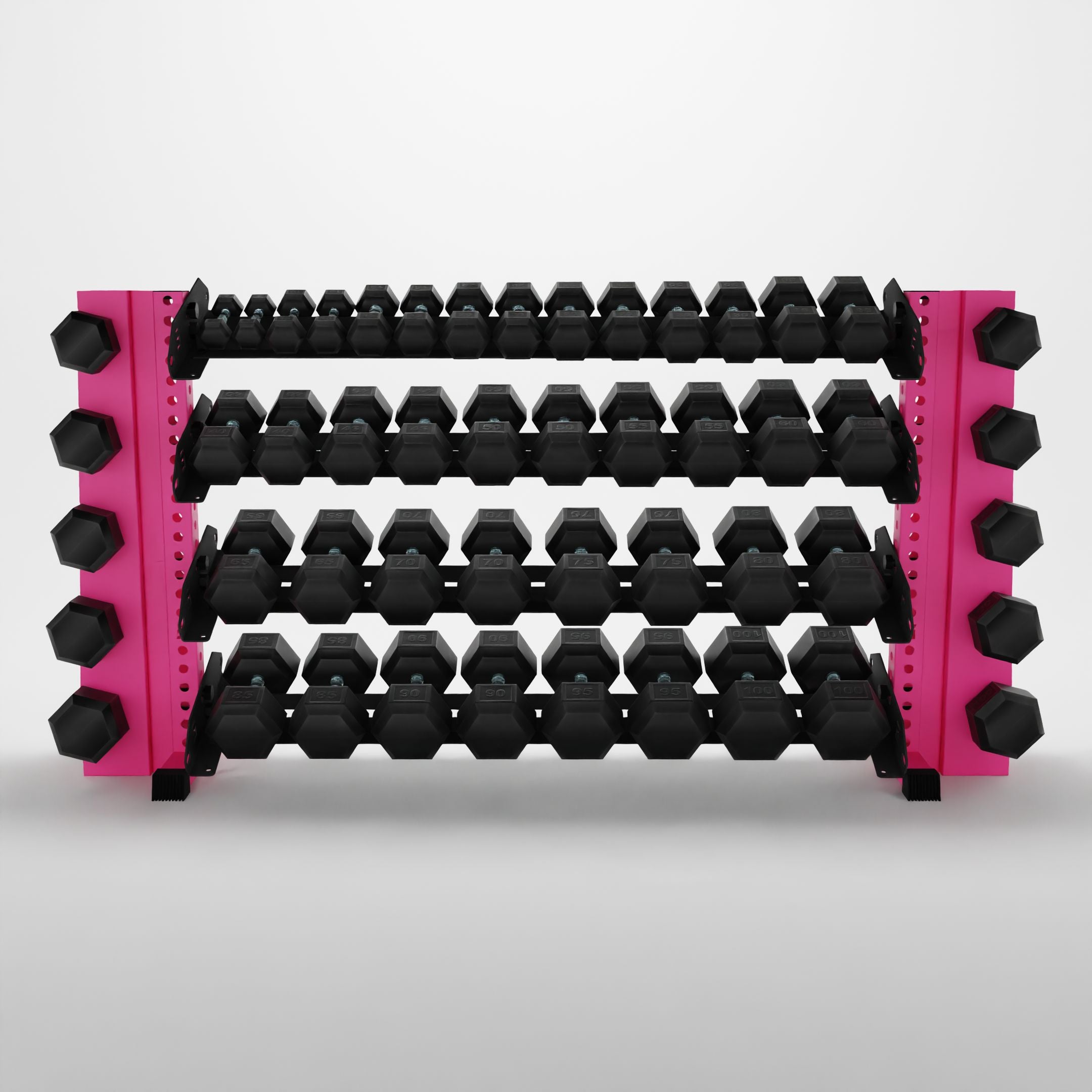 pink 70-inch alpha 4-tier horizontal dumbbell rack with elite vertical add-ons storing hex dumbbells