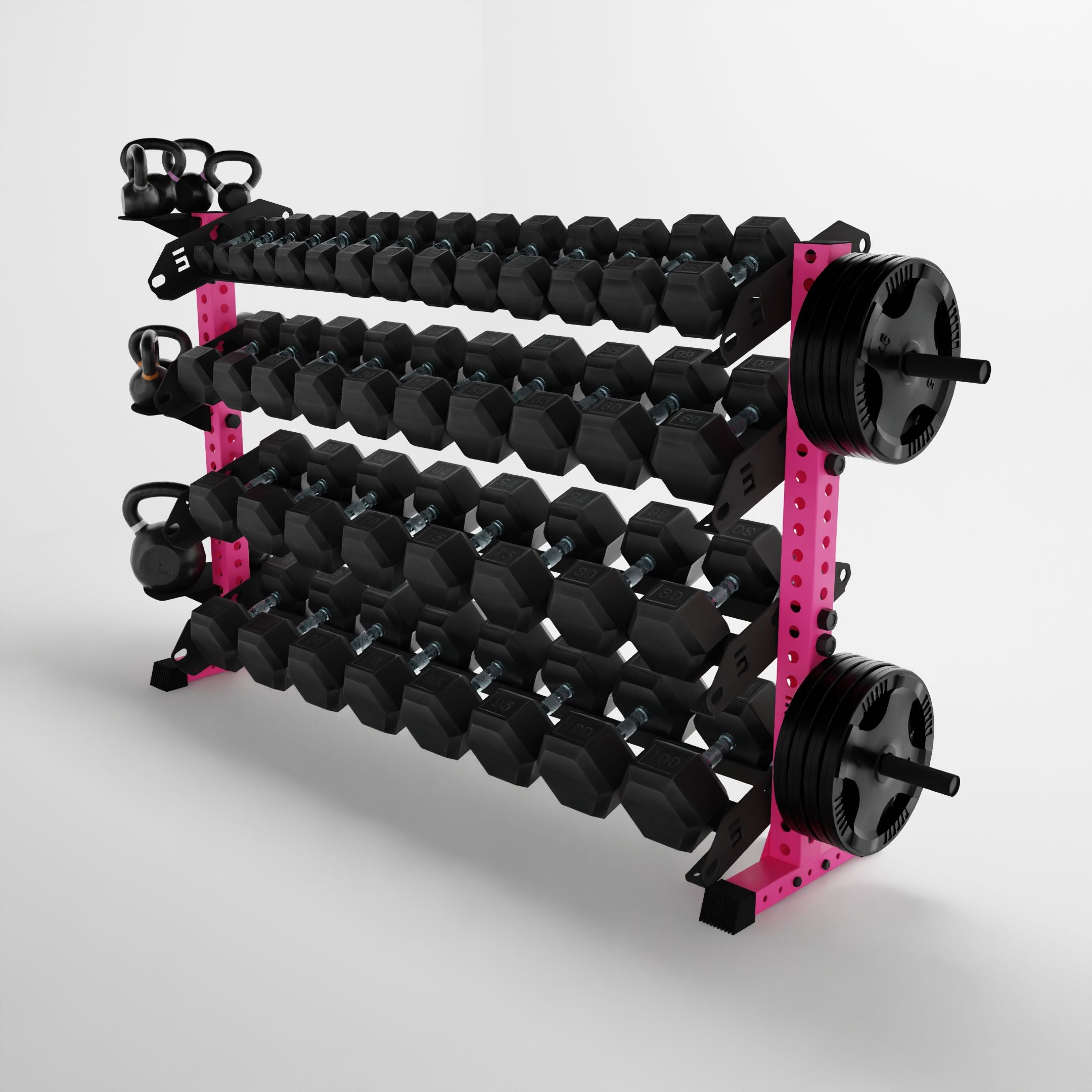 pink 70-inch alpha 4-tier horizontal dumbbell rack storing dumbbells, weight plates, and kettlebells using storage attachment accessories