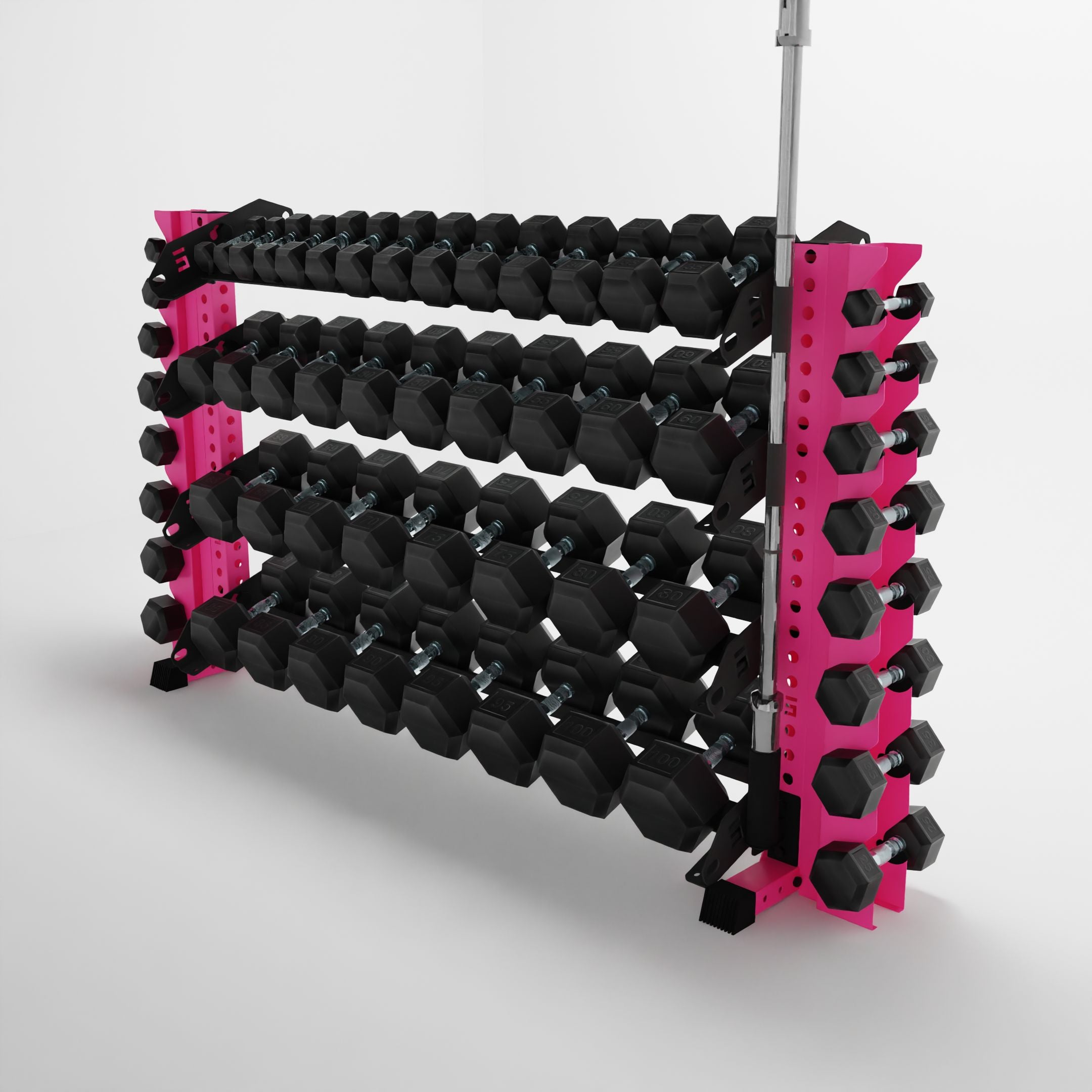 pink 70-inch alpha 4-tier horizontal dumbbell rack with vertical add-ons storing hex dumbbells and a barbell using a storage attachment accessory