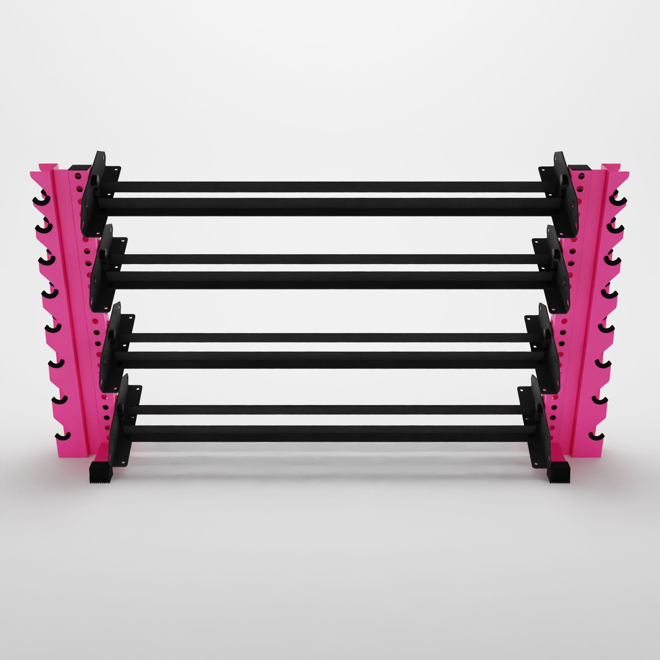 pink 70-inch alpha 4-tier horizontal dumbbell rack with vertical add-ons